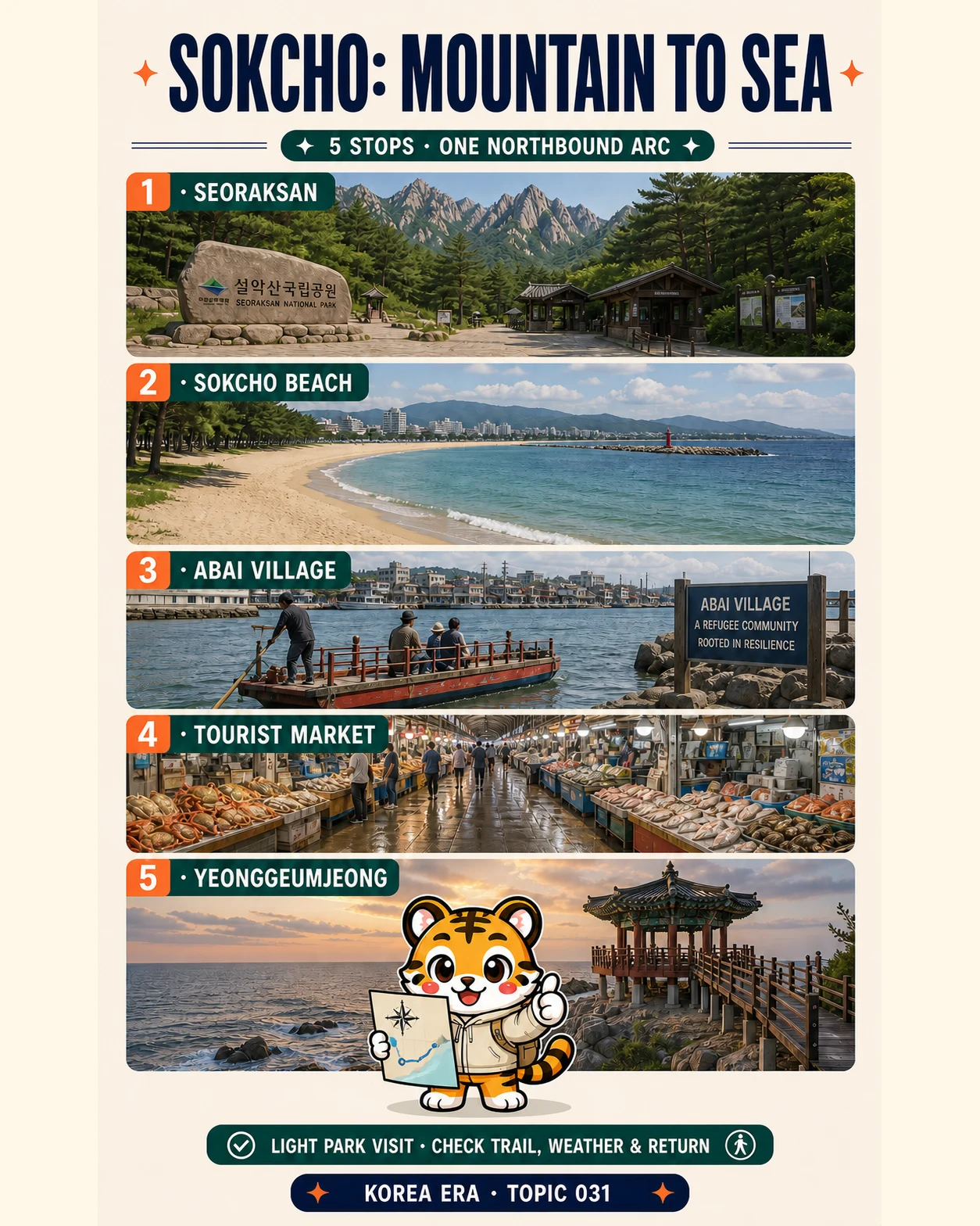 Korea Era tiger holding a compass card below five numbered Sokcho mountain-to-sea route panels