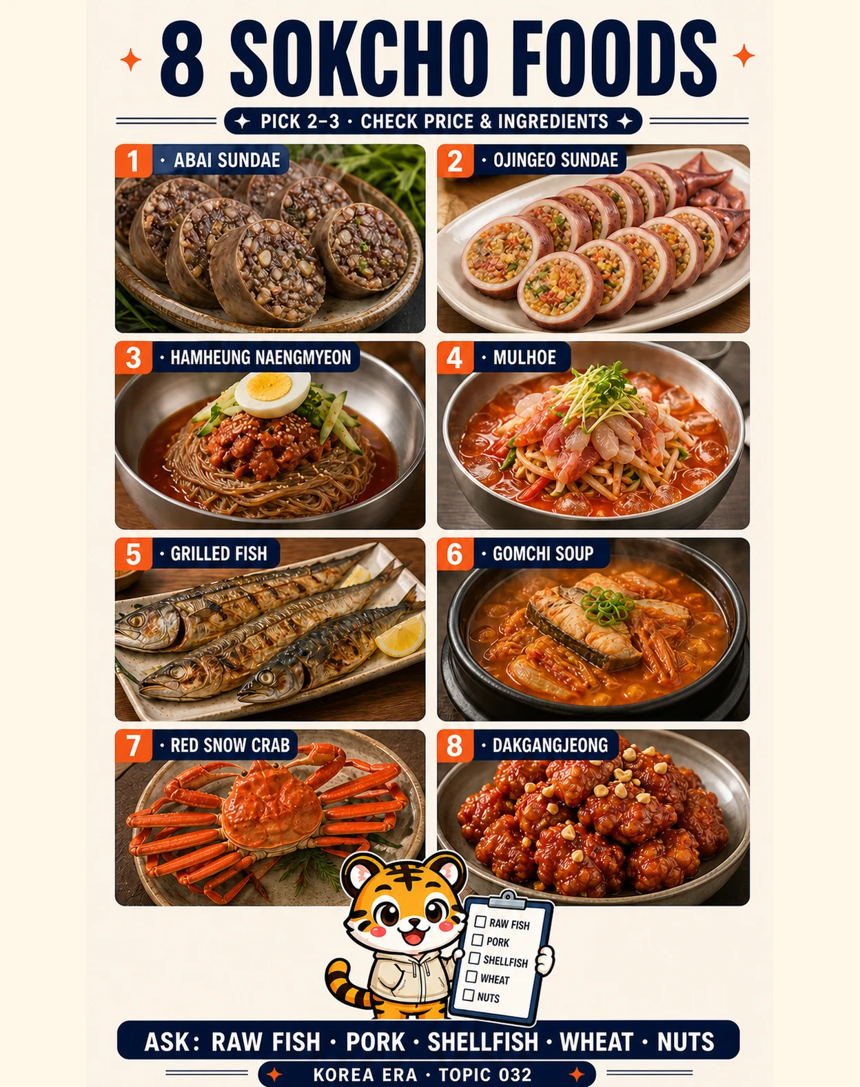 Korea Era tiger holding an allergen checklist below eight numbered Sokcho food panels