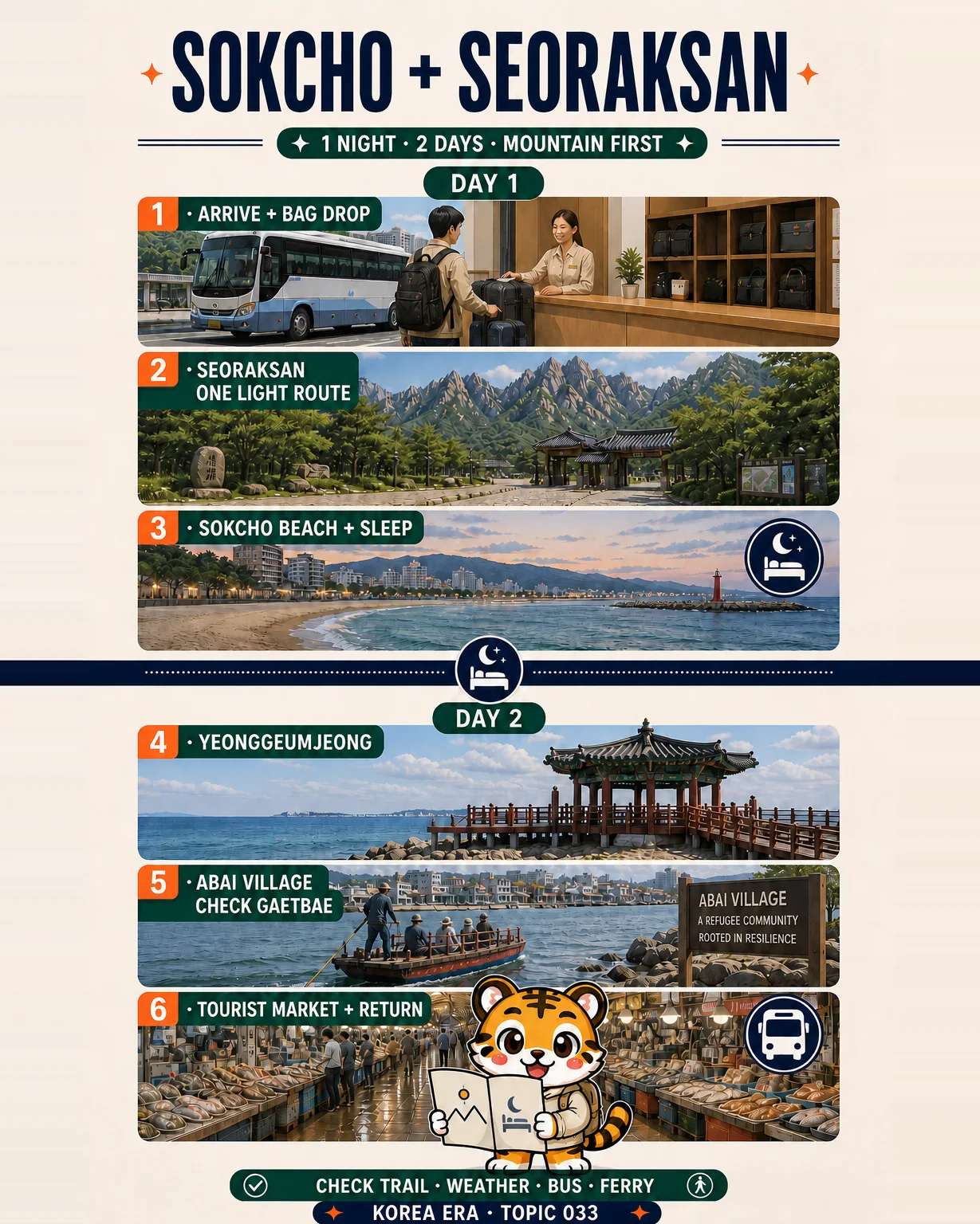 Korea Era tiger holding a two-page mountain and sleep card below a two-day Sokcho and Seoraksan itinerary