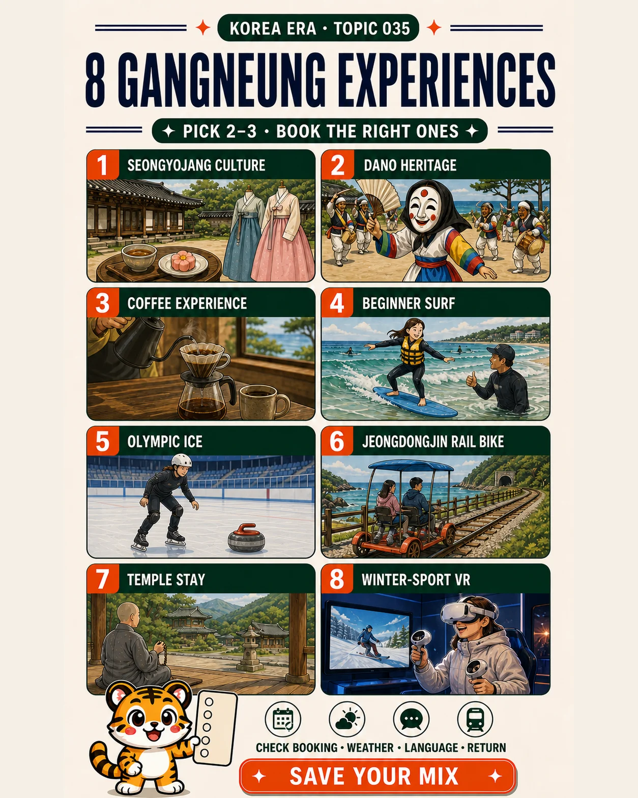 Korea Era tiger holding an eight-dot checklist beneath eight illustrated Gangneung experience cards