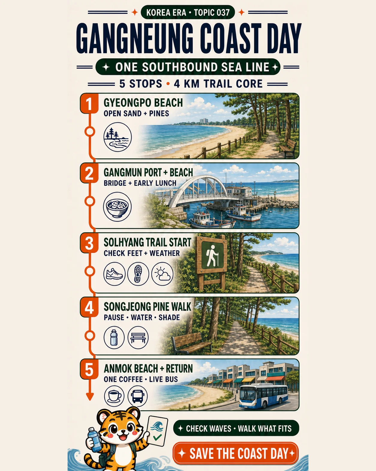 Korea Era tiger presenting a five-stop Gangneung coast route from Gyeongpo to Anmok