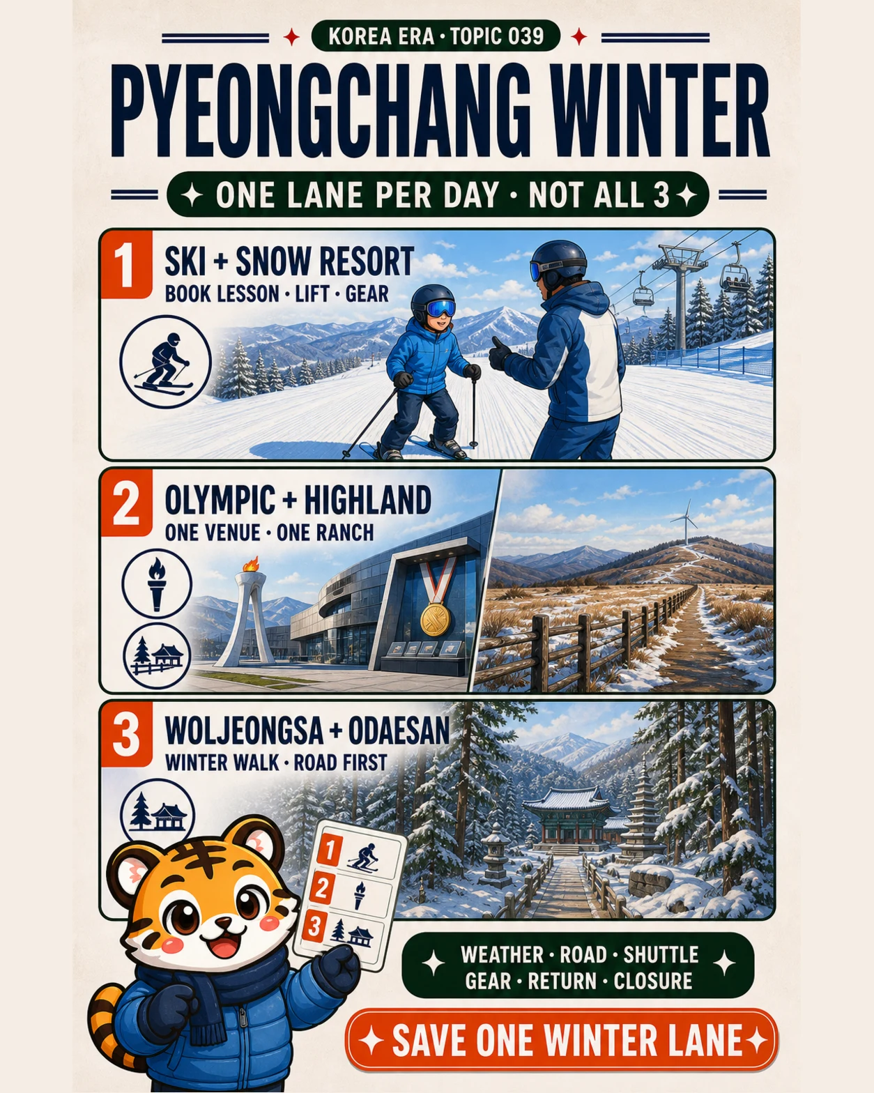 Korea Era tiger presenting three alternative Pyeongchang winter lanes for a ski resort, Olympic legacy and highland, or Woljeongsa and Odaesan
