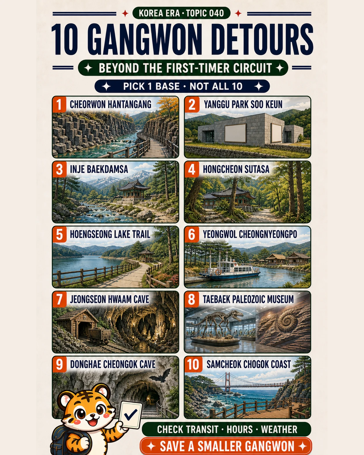 Korea Era tiger presenting ten independent Gangwon destination choices across volcanic canyon, art museum, temple forest, lake trail, historic island, caves, geology museum and wild coast