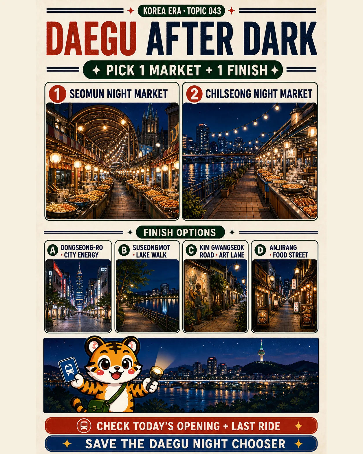 Korea Era tiger holding a transit card and flashlight beneath a chooser with Seomun and Chilseong night markets plus Dongseong-ro, Suseongmot, Kim Gwangseok Road and Anjirang finish options
