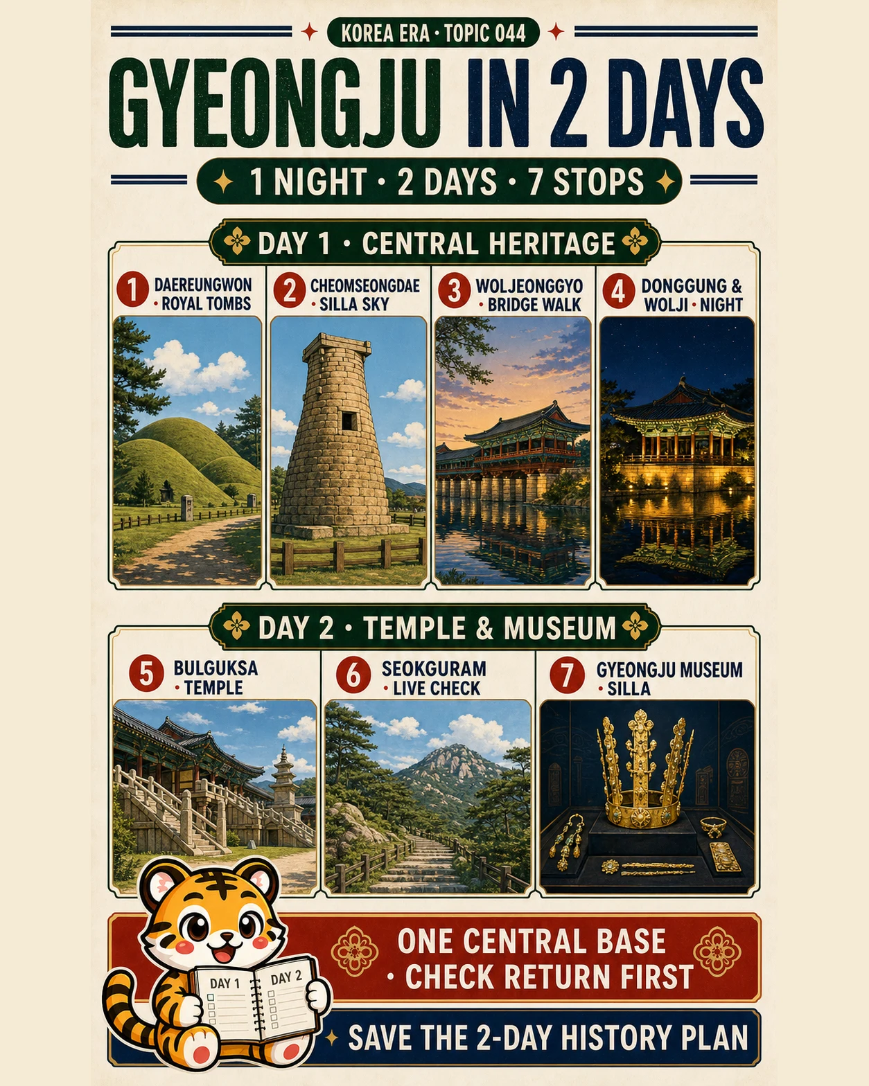 Korea Era two-day Gyeongju poster separating four central-heritage stops on Day 1 from Bulguksa, Seokguram and Gyeongju National Museum on Day 2
