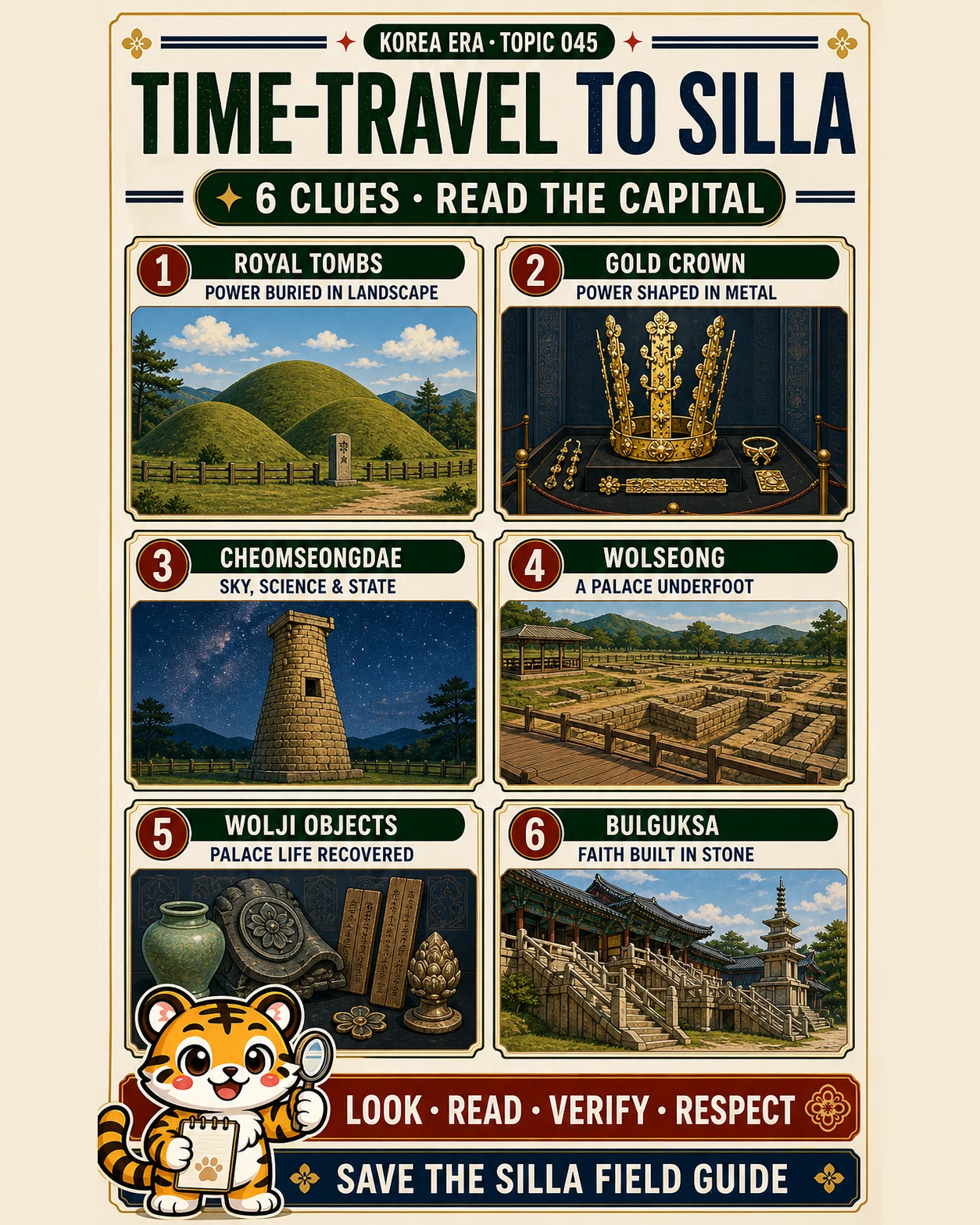 Korea Era Silla field-guide poster with six evidence cards for royal tombs, a gold crown, Cheomseongdae, Wolseong archaeology, Wolji objects and Bulguksa