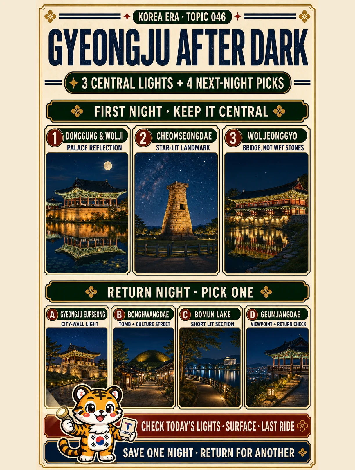 Korea Era Gyeongju night chooser with three central heritage lights and four return-night alternatives
