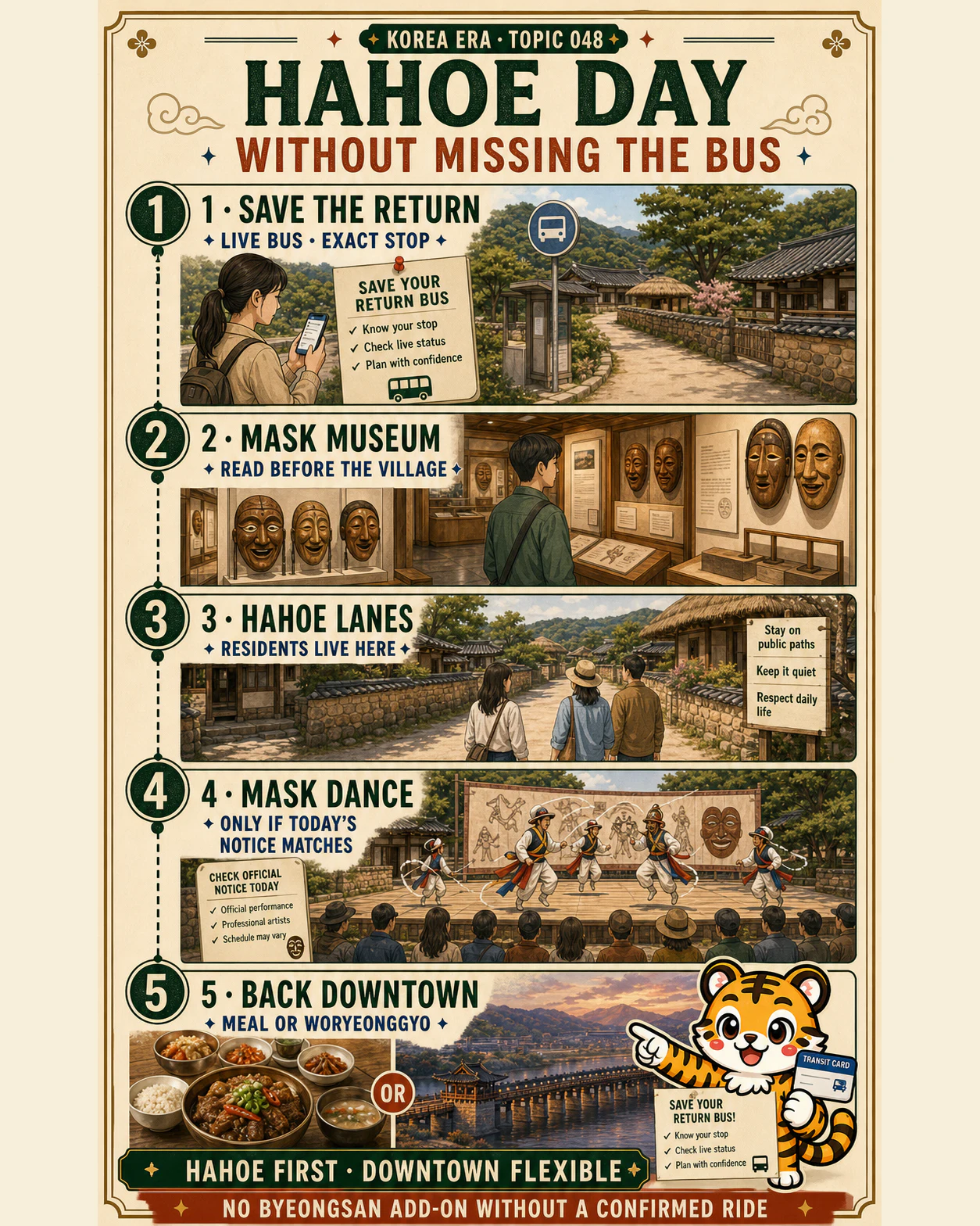 Korea Era five-stage Hahoe Village day guide showing the live return bus check, mask museum, inhabited village lanes, conditional mask dance and a downtown meal-or-bridge choice