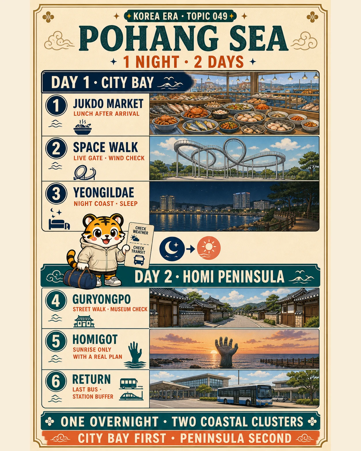 Korea Era two-day Pohang poster with Day 1 Jukdo Market, Space Walk and Yeongildae, an overnight transition, then Day 2 Guryongpo, Homigot and a station return