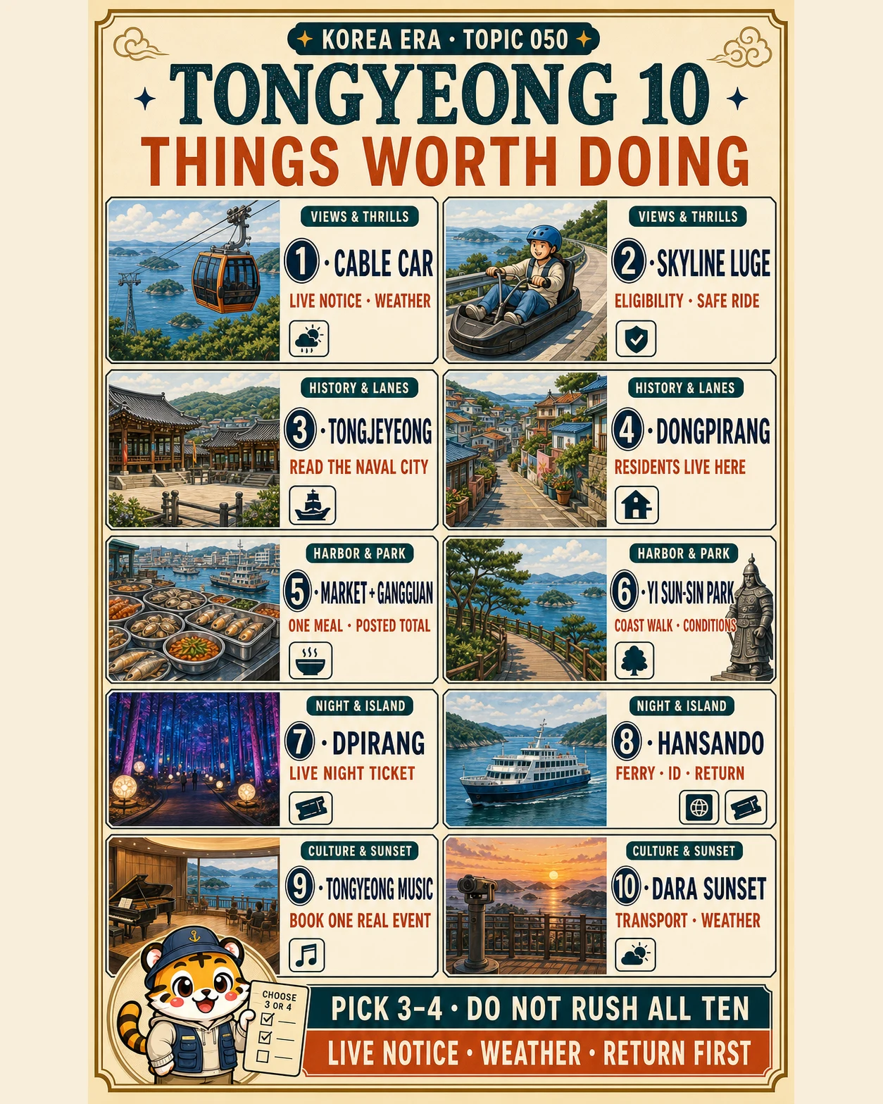 Korea Era chooser board with ten Tongyeong experiences in five pairs, including cable car, luge, naval history, Dongpirang, harbor market, coastal park, DPIRANG, Hansando, music and sunset