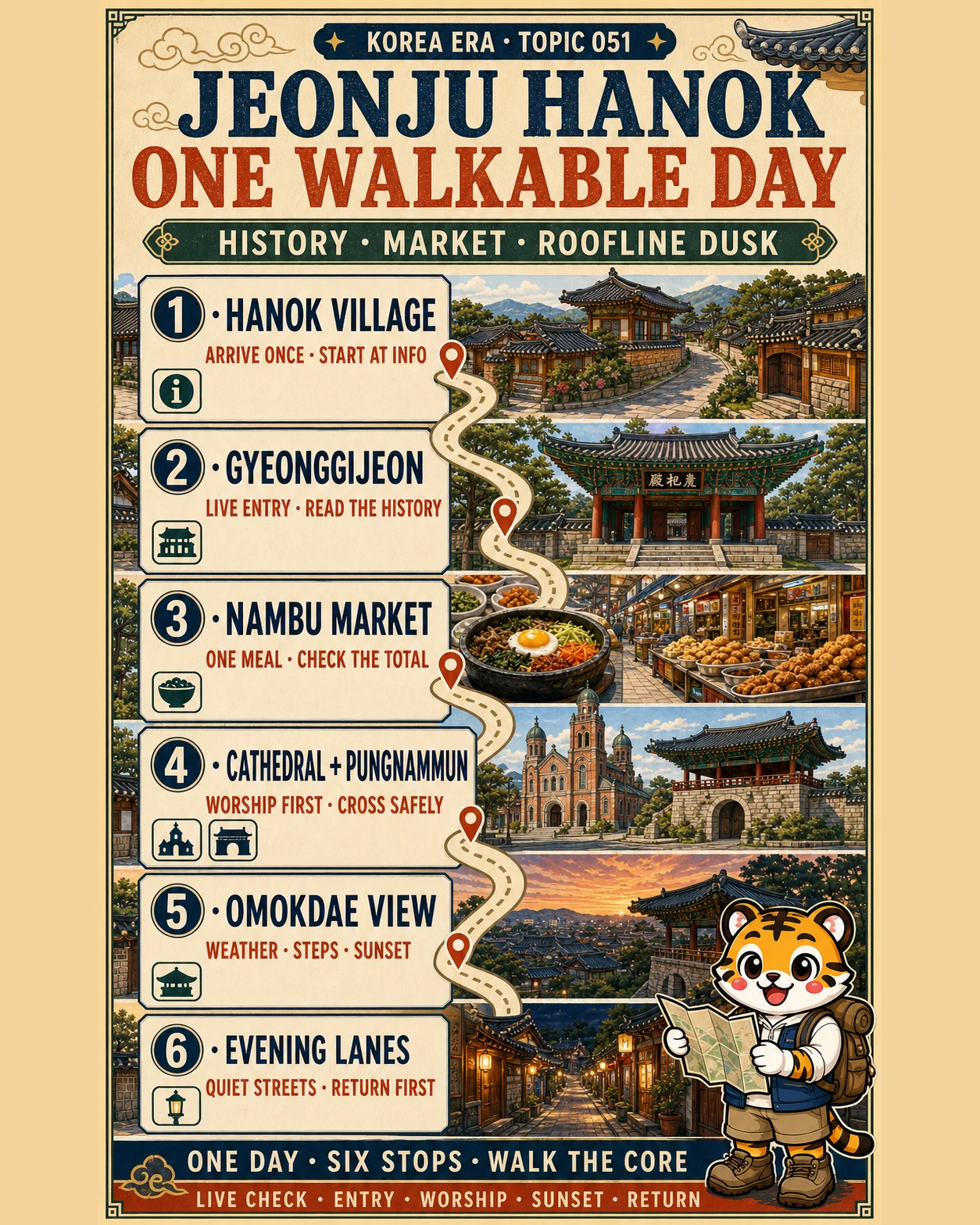 Warm illustrated walking map for one day in Jeonju with six numbered stops and one Korea Era tiger mascot holding a folded map