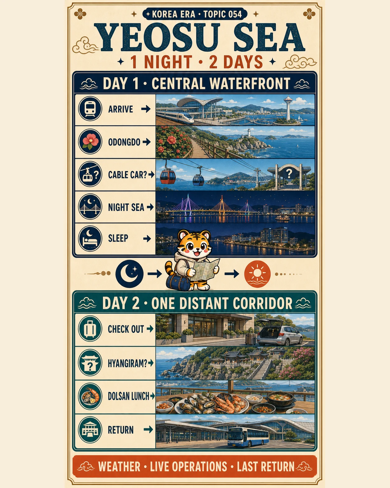 Korea Era Yeosu poster with a separate Day 1 central waterfront route, one overnight, and a Day 2 Hyangiram and return route