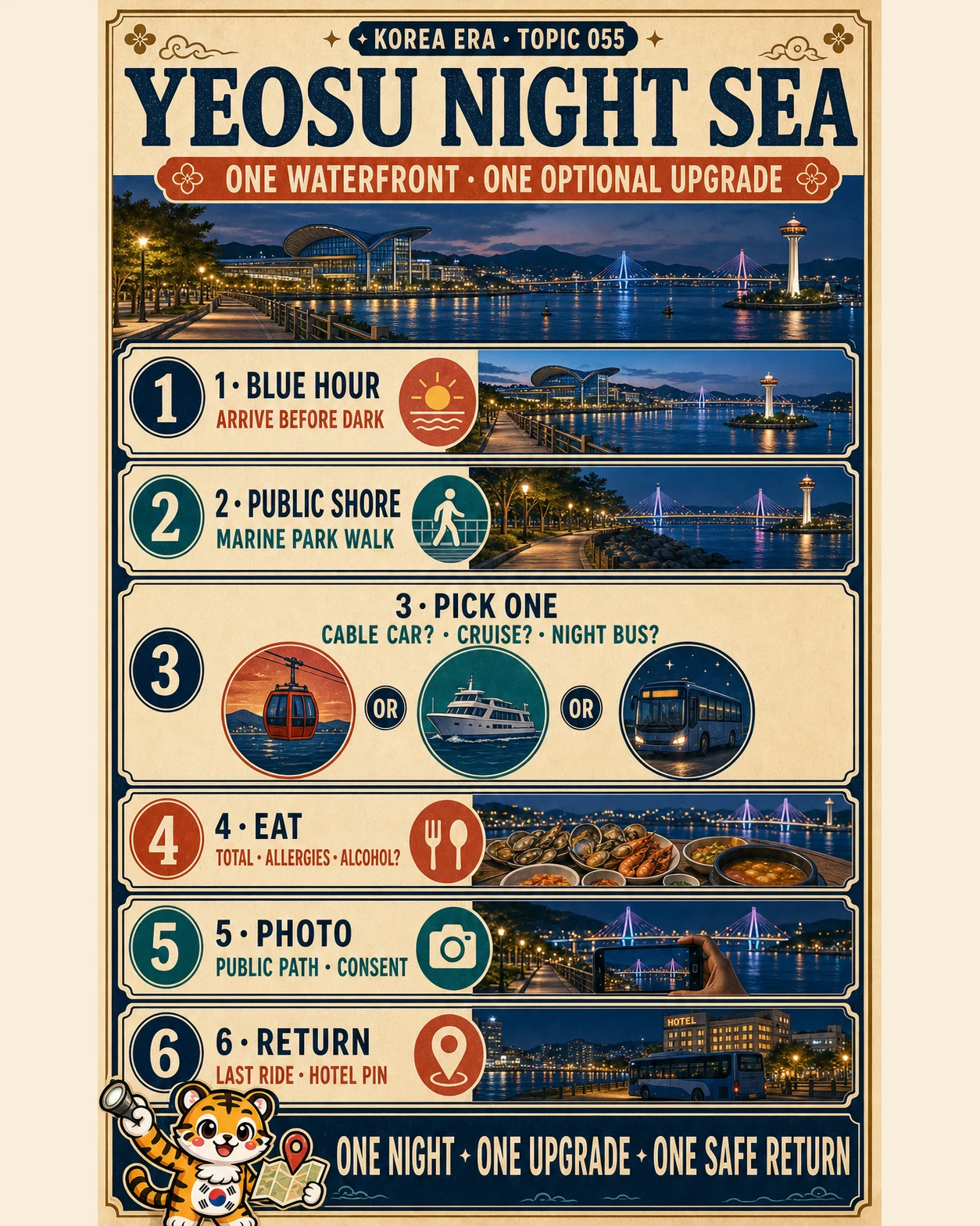 Korea Era Yeosu night sea poster with six decisions: blue hour, public shore, one optional cable car cruise or night bus, food, respectful photos and a safe return