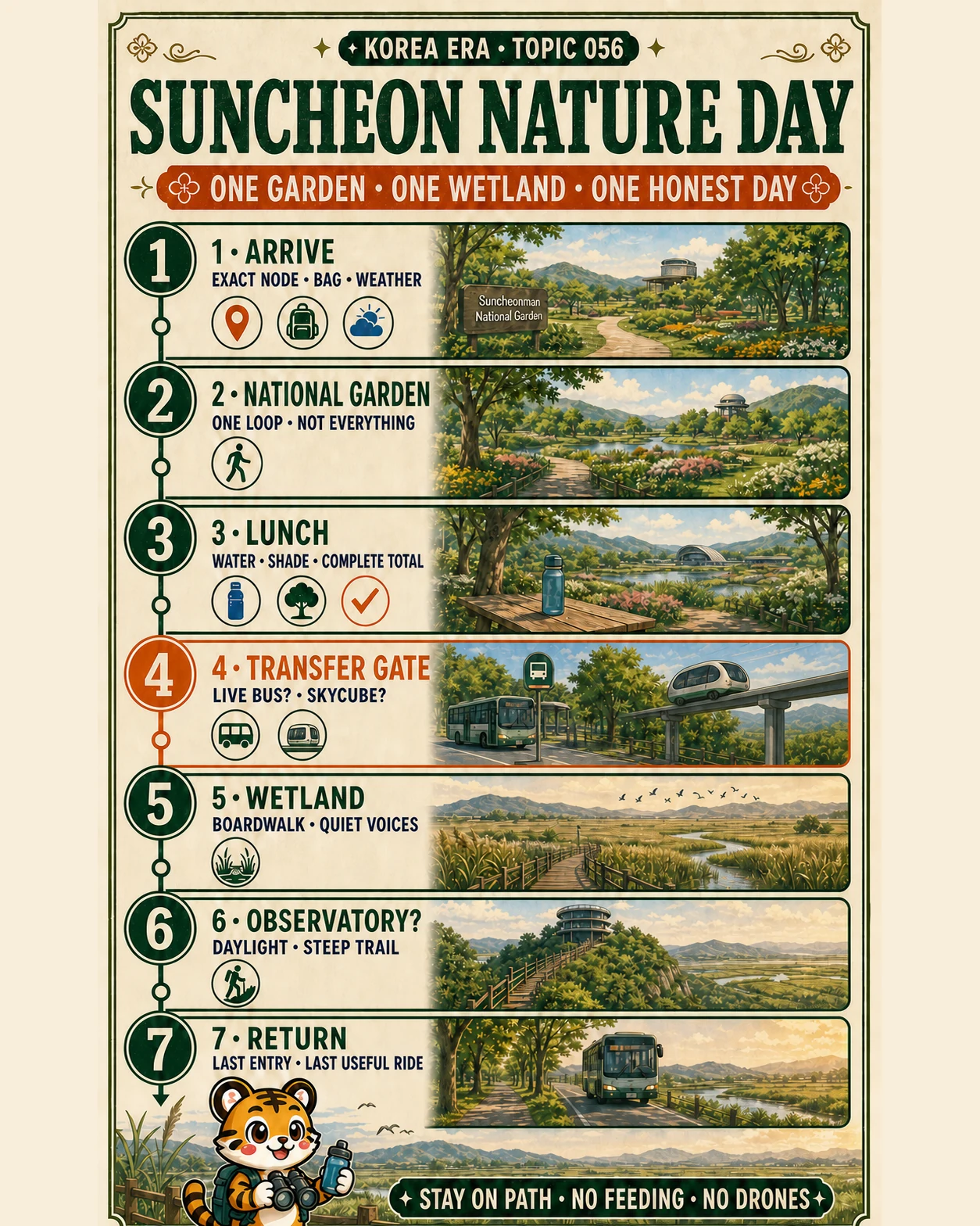 Korea Era Suncheon nature day poster showing arrival, one National Garden loop, lunch, a live bus or SkyCube check, wetland boardwalk, optional observatory and protected return
