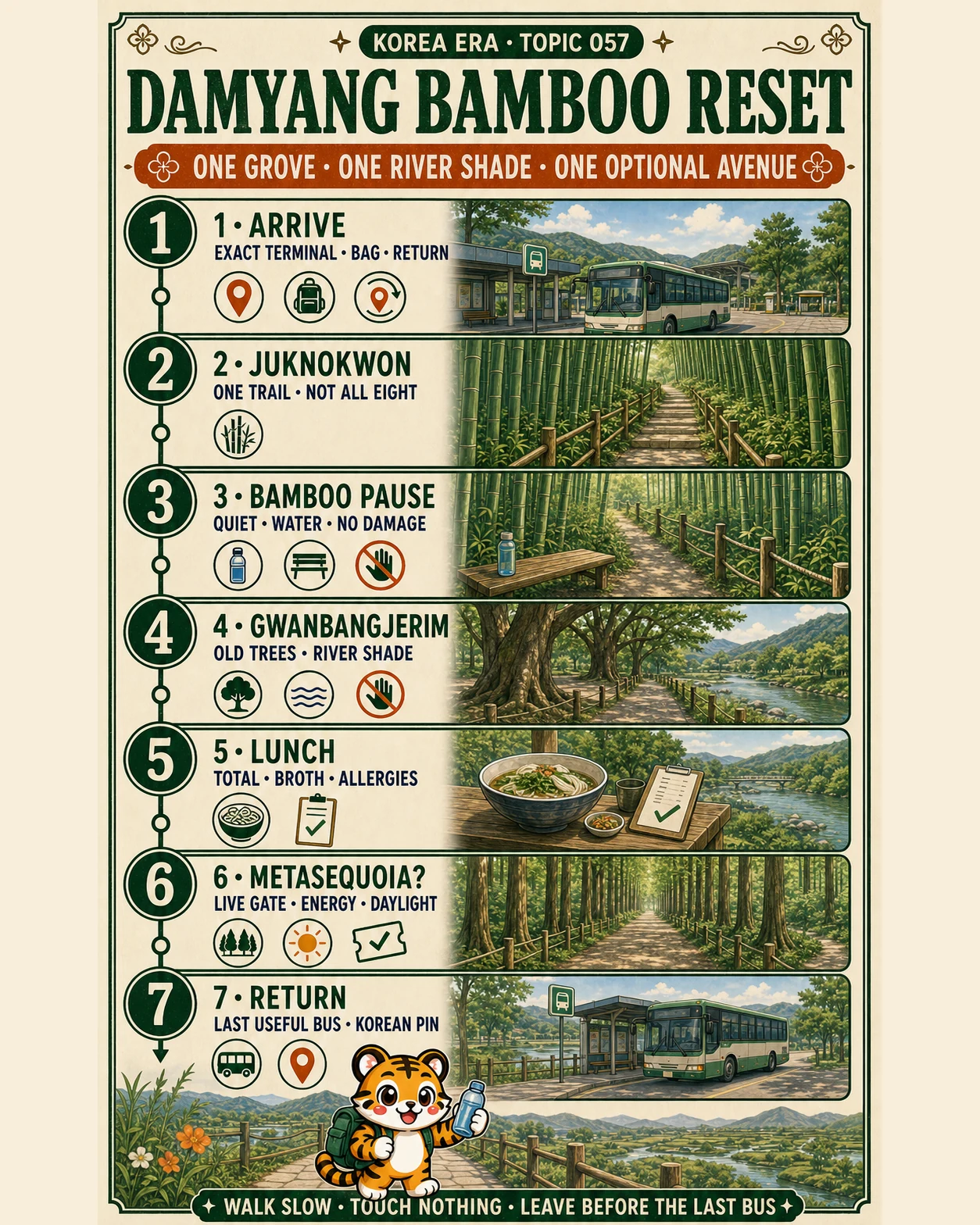 Korea Era Damyang bamboo reset poster with seven steps: exact terminal, one Juknokwon trail, quiet bamboo pause, Gwanbangjerim river shade, lunch check, optional metasequoia avenue and last useful bus
