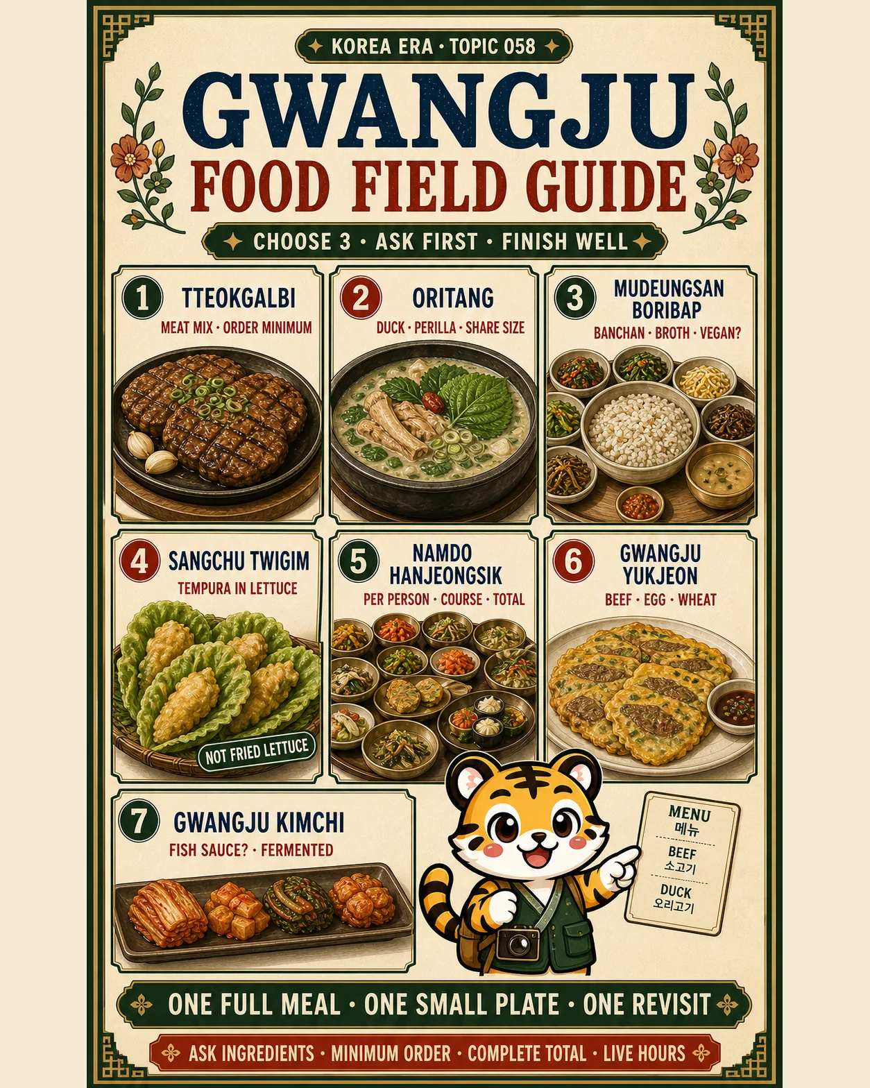 Korea Era Gwangju food field guide with seven illustrated dishes, ordering questions and one tiger mascot holding a menu card