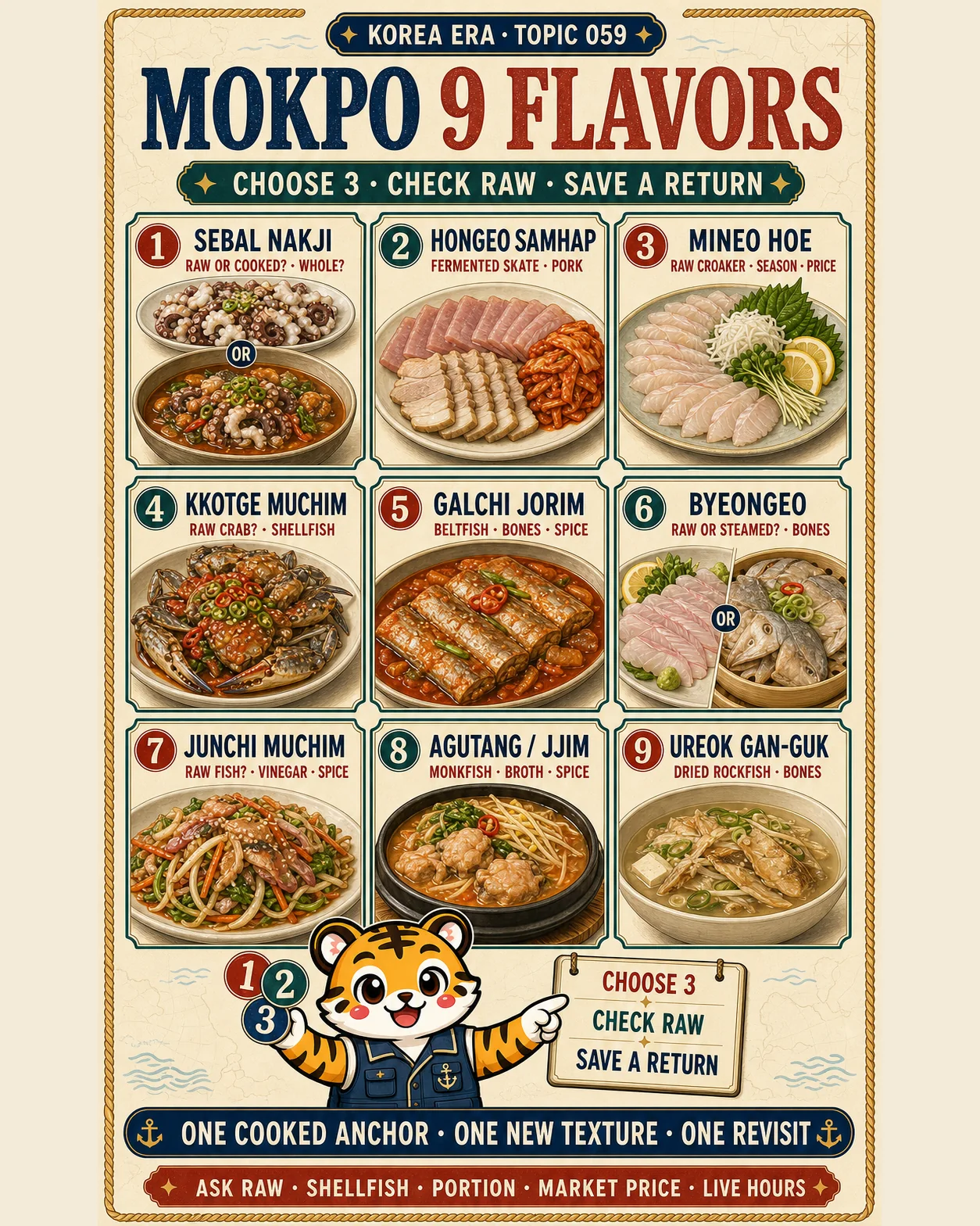 Korea Era Mokpo nine-flavors poster with nine illustrated seafood cards, raw and ordering checks, and one tiger mascot holding three choice tokens