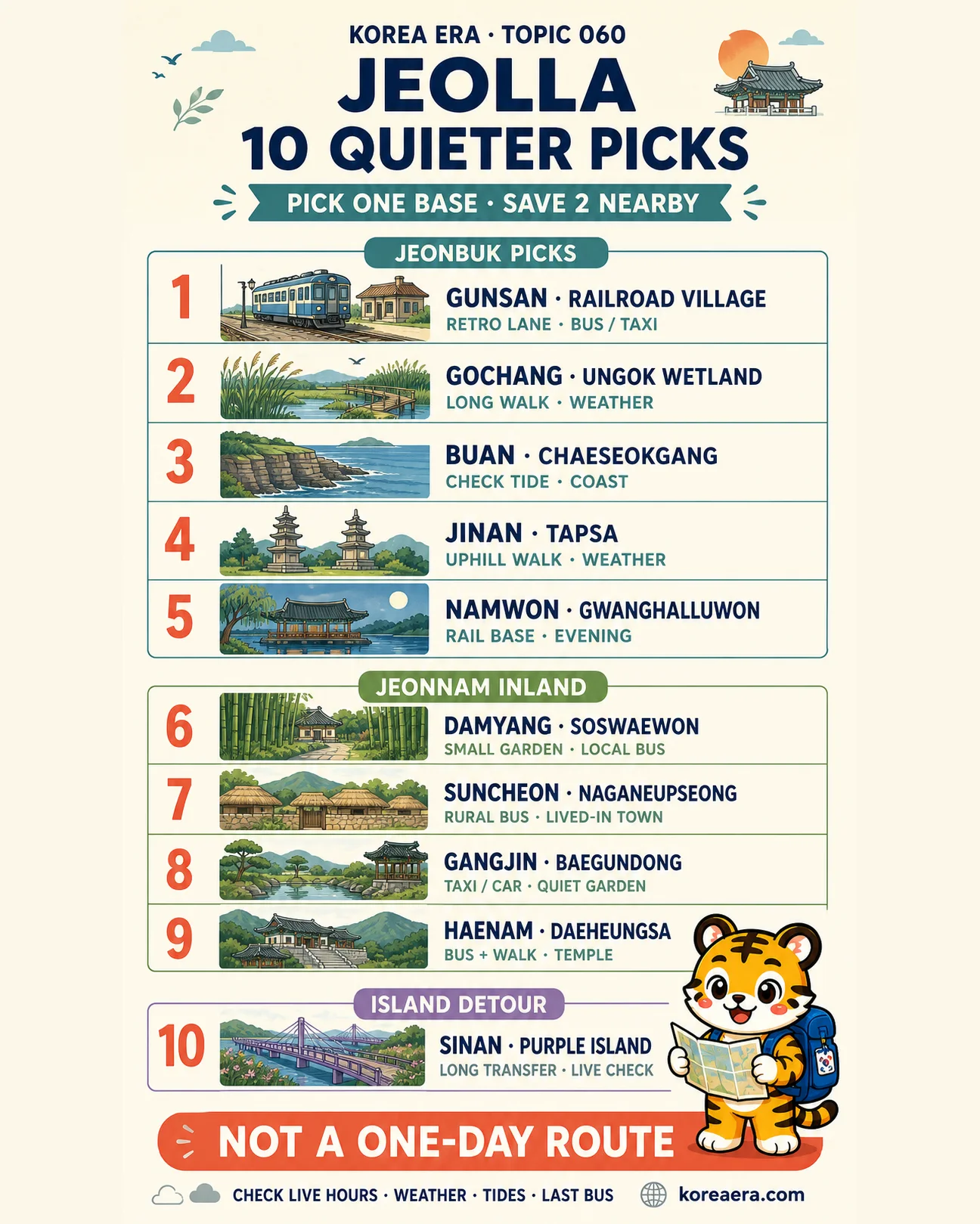 Korea Era illustrated Jeolla selection board with ten quieter destinations grouped into Jeonbuk, inland Jeonnam and one island detour, plus one tiger mascot holding a map