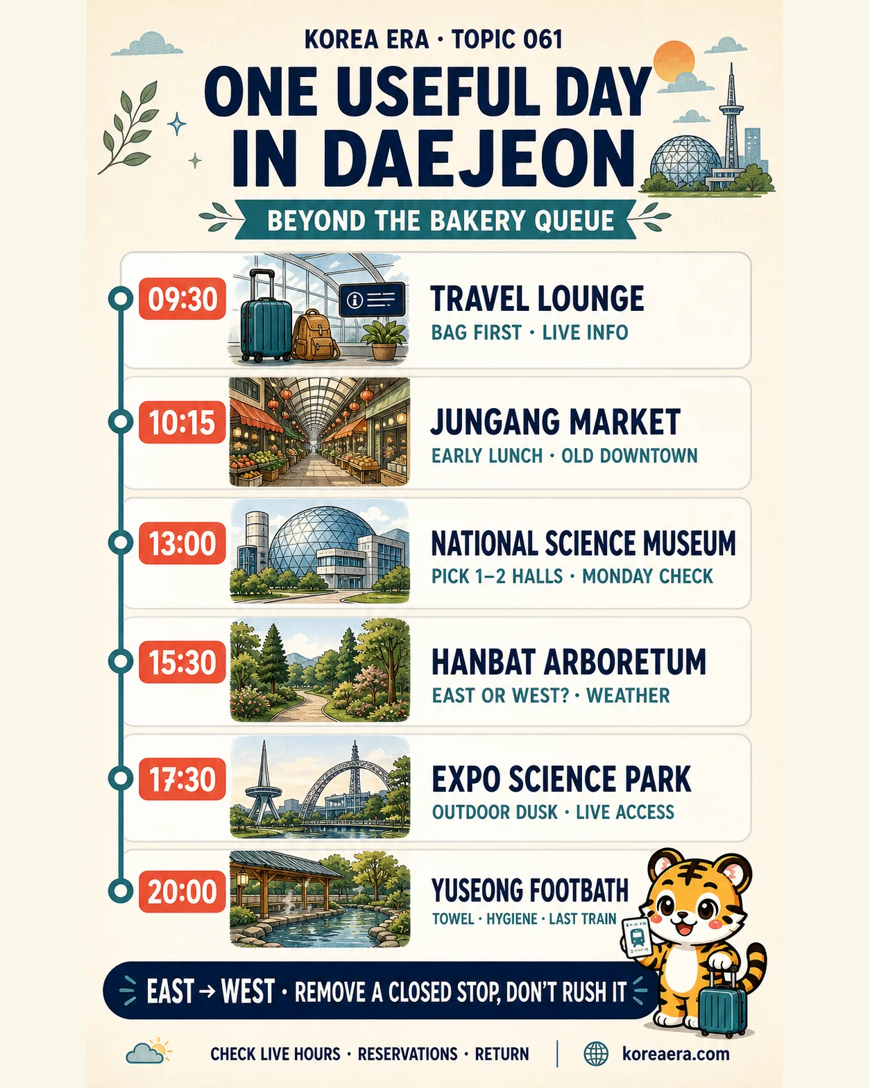 Korea Era Daejeon timeline poster with six illustrated stops from the Travel Lounge to Yuseong footbath and one tiger mascot holding a suitcase and transit card