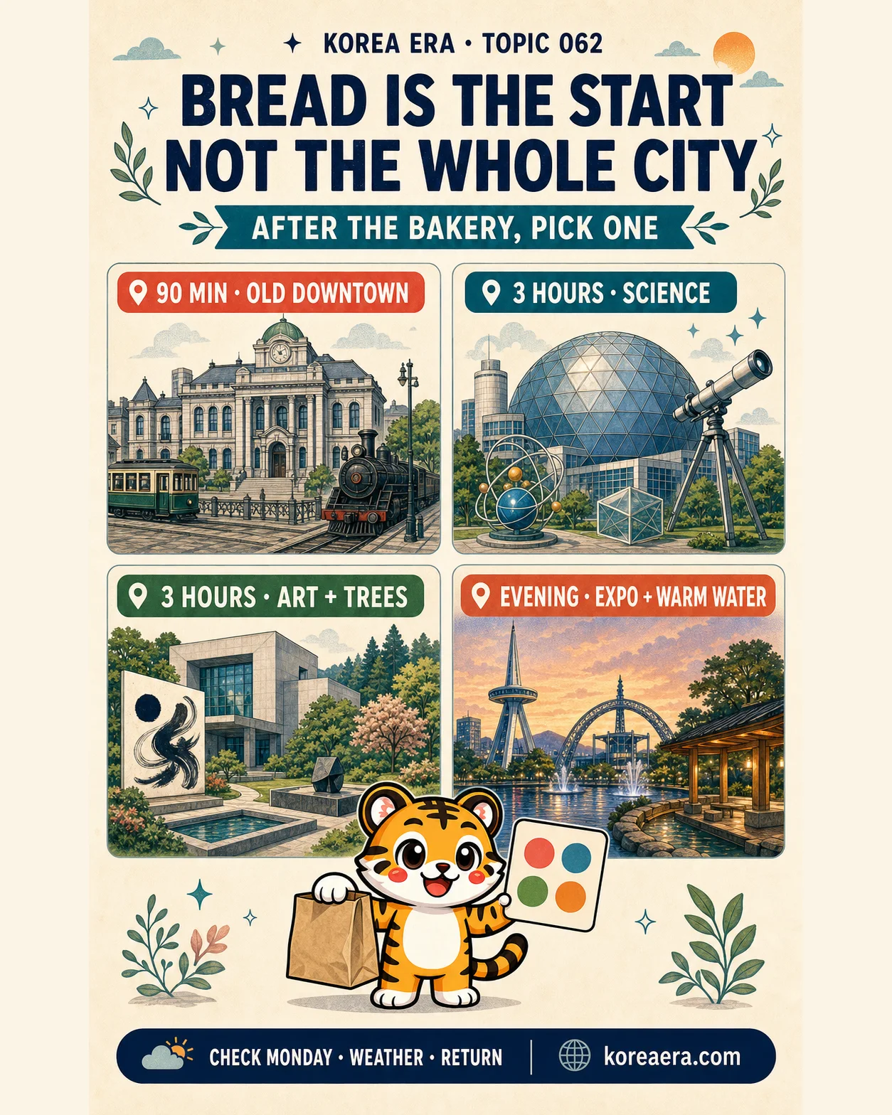 Korea Era choice poster with one tiger mascot holding a plain bakery bag and four Daejeon extensions: old downtown, science, art and trees, and Expo with a public footbath