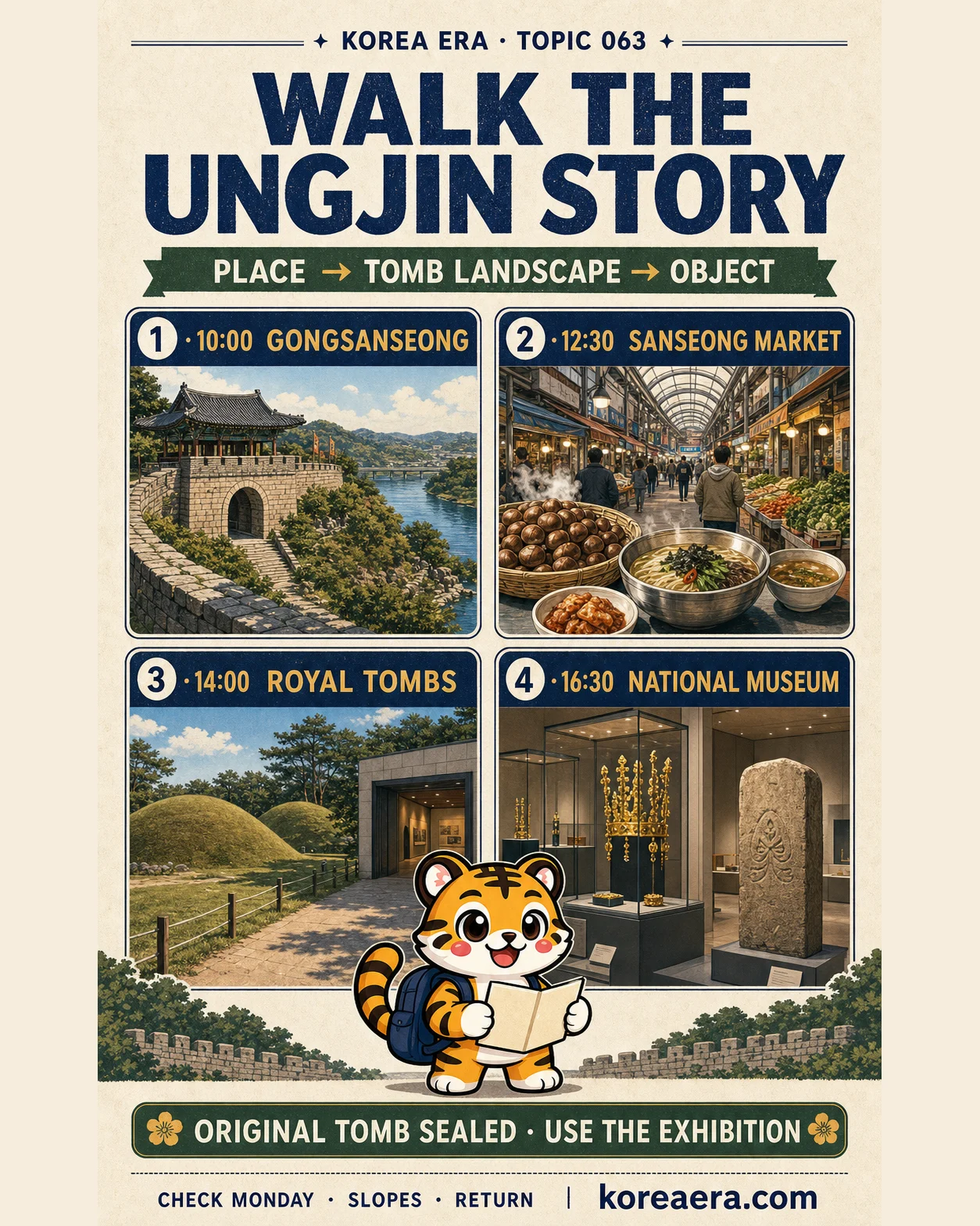 Korea Era Gongju story poster with one tiger mascot and four steps: Gongsanseong, Sanseong Market, the royal tombs and Gongju National Museum
