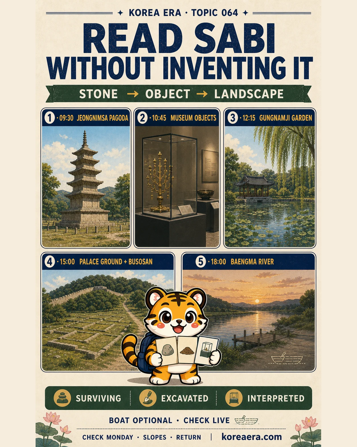 Korea Era Buyeo evidence poster with one tiger mascot and five steps from Jeongnimsa Pagoda to museum objects, Gungnamji, the palace ground and Baengma River