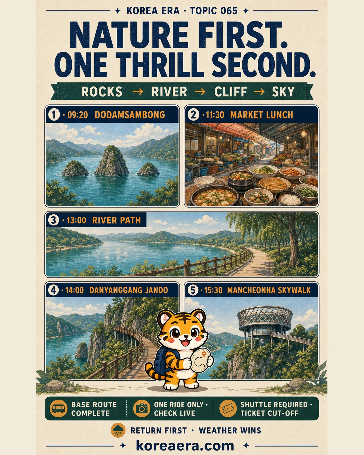 Korea Era Danyang nature-first poster with one tiger mascot and five steps from Dodamsambong through the market, river path and cliff boardwalk to Mancheonha Skywalk