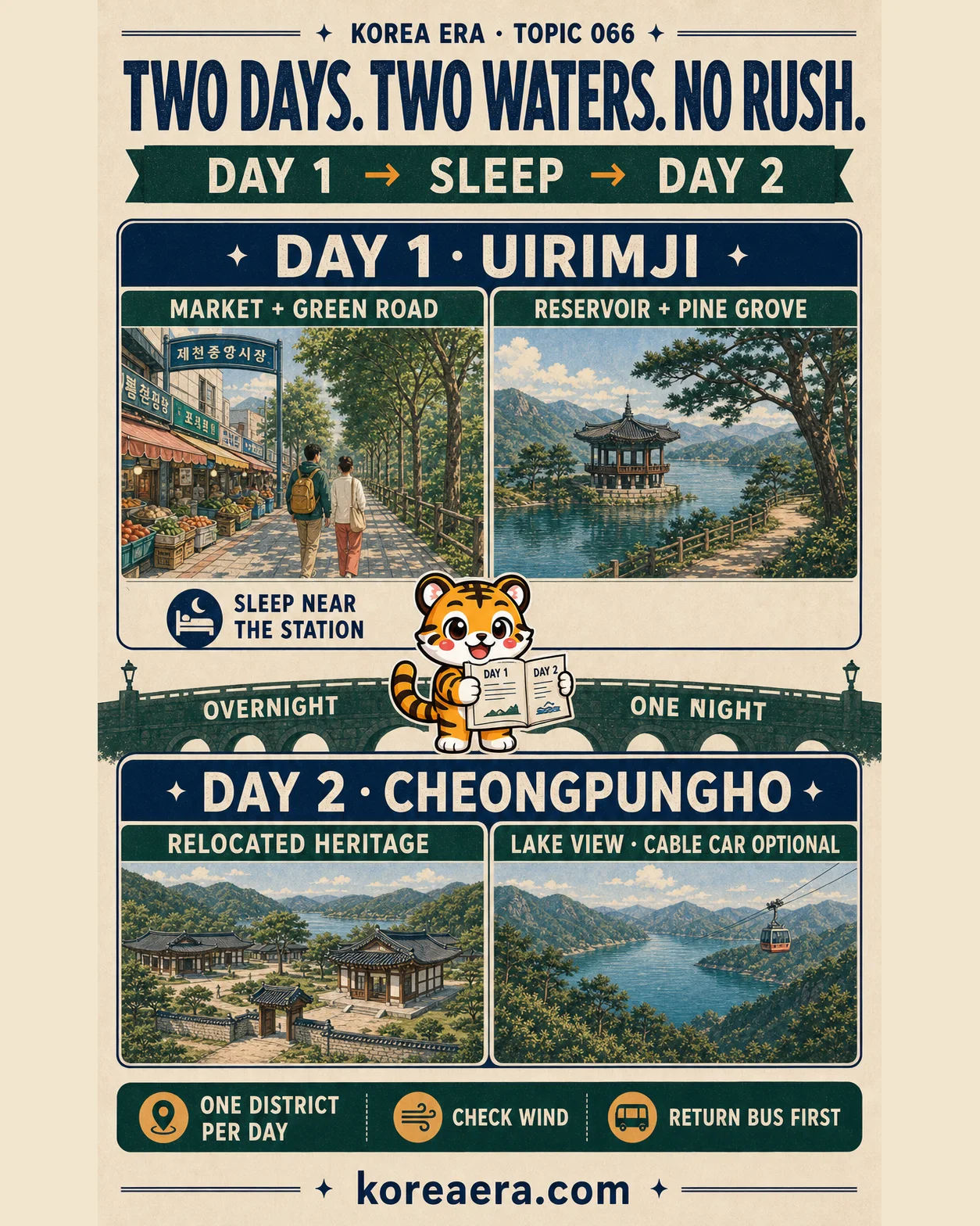 Korea Era Jecheon poster split into Day 1 at Uirimji, one overnight near the station and Day 2 at Cheongpungho, with one tiger mascot holding a two-page itinerary