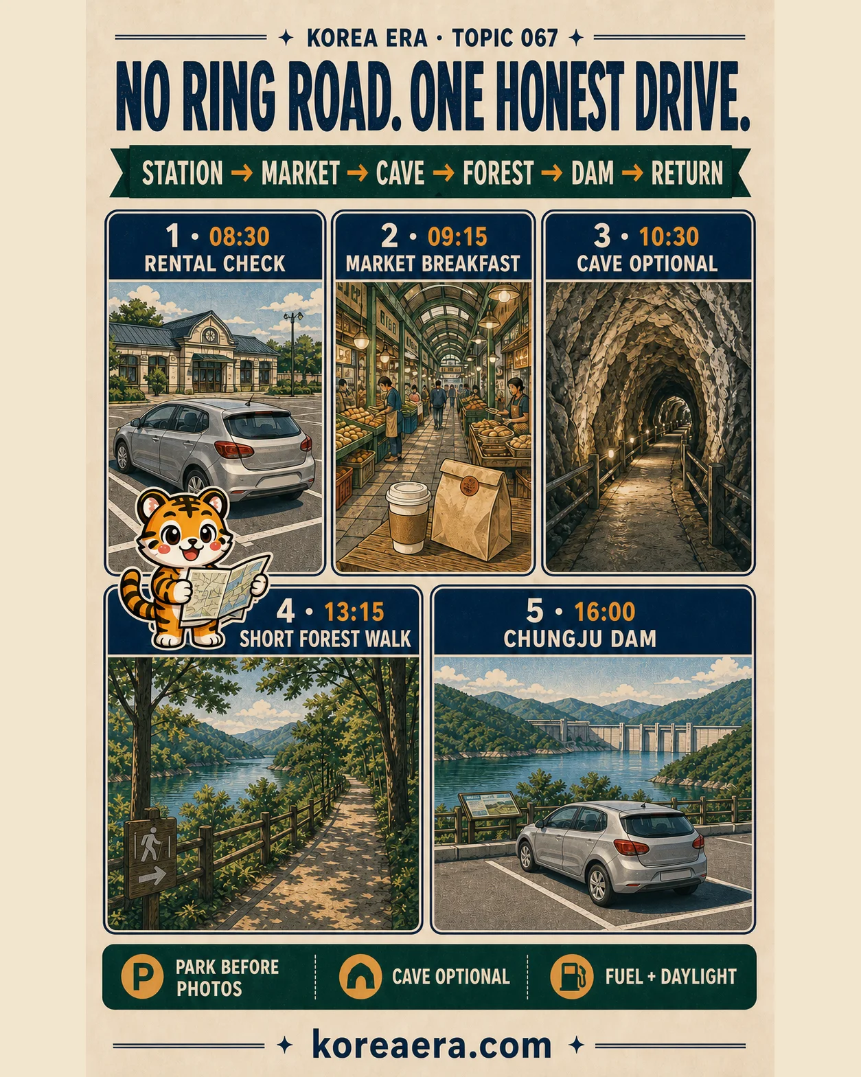 Korea Era Chungjuho drive poster with one tiger mascot, an unbranded car parked legally and five panels from rental check and market breakfast to an optional cave, forest walk and Chungju Dam