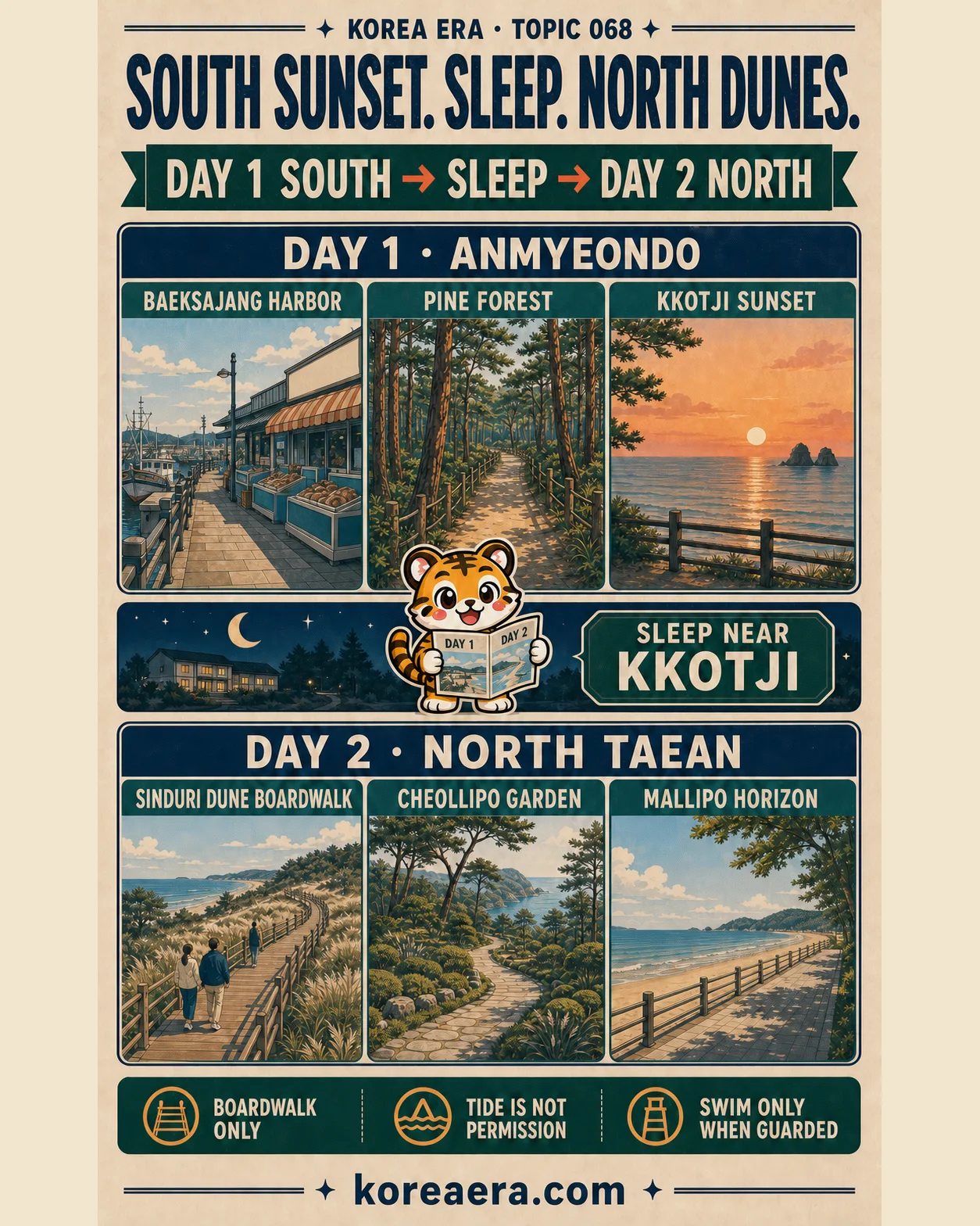 Korea Era Taean poster split into Day 1 on Anmyeondo, one night near Kkotji and Day 2 in north Taean, with one tiger mascot holding a two-page coastal itinerary