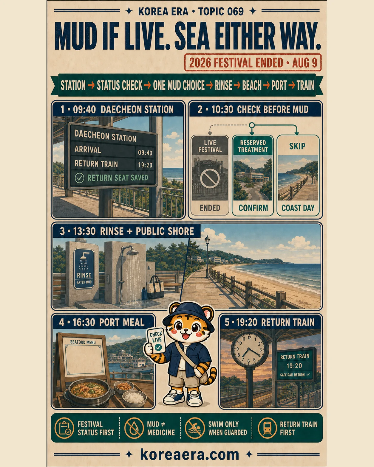Korea Era Boryeong poster showing Daecheon Station, a three-way mud status decision, a rinse and public shore, port meal and return train with one tiger mascot holding a check-live card