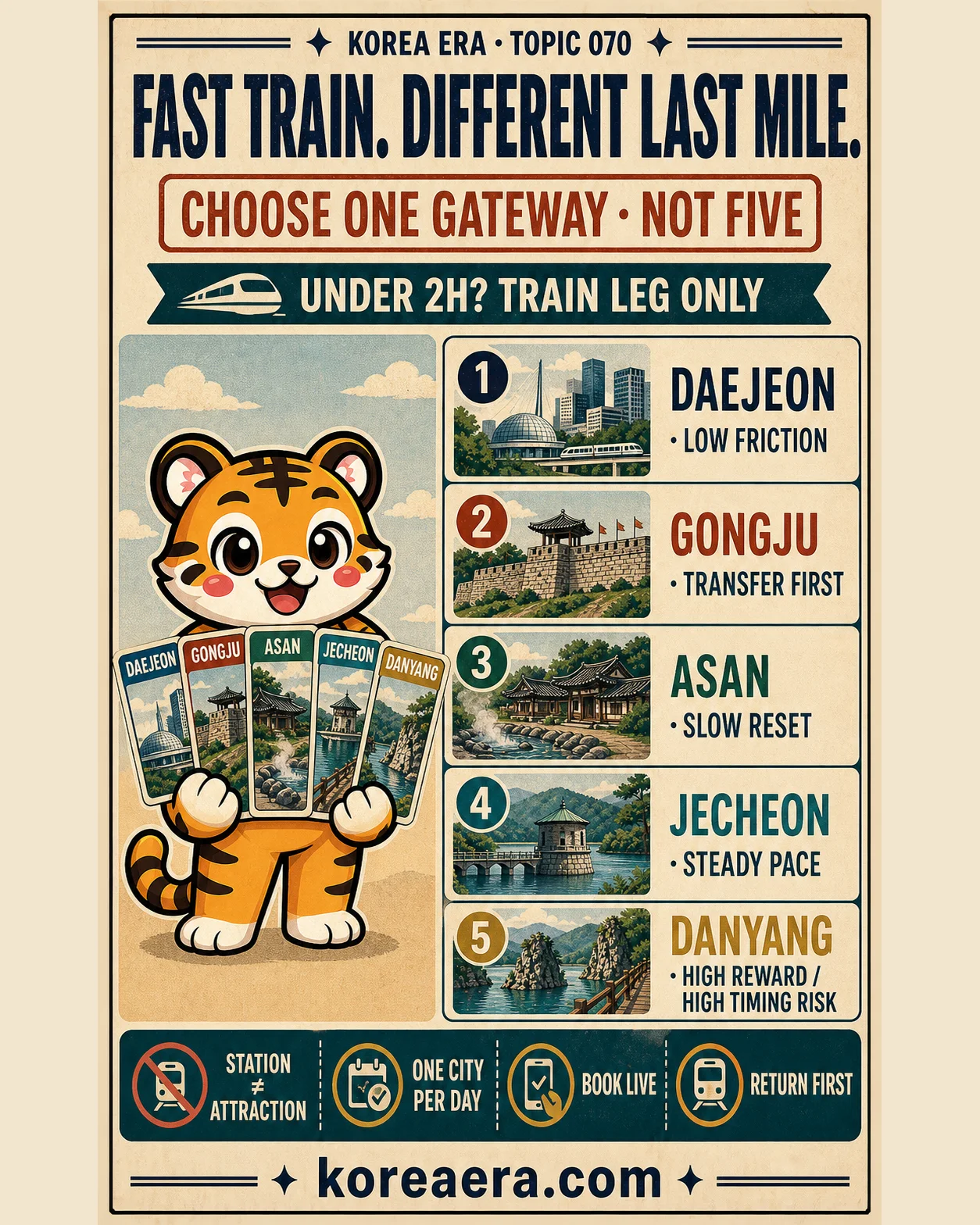 Cream Korea Era comparison poster with one tiger mascot holding five destination cards beside Daejeon, Gongju, Asan, Jecheon and Danyang last-mile choices