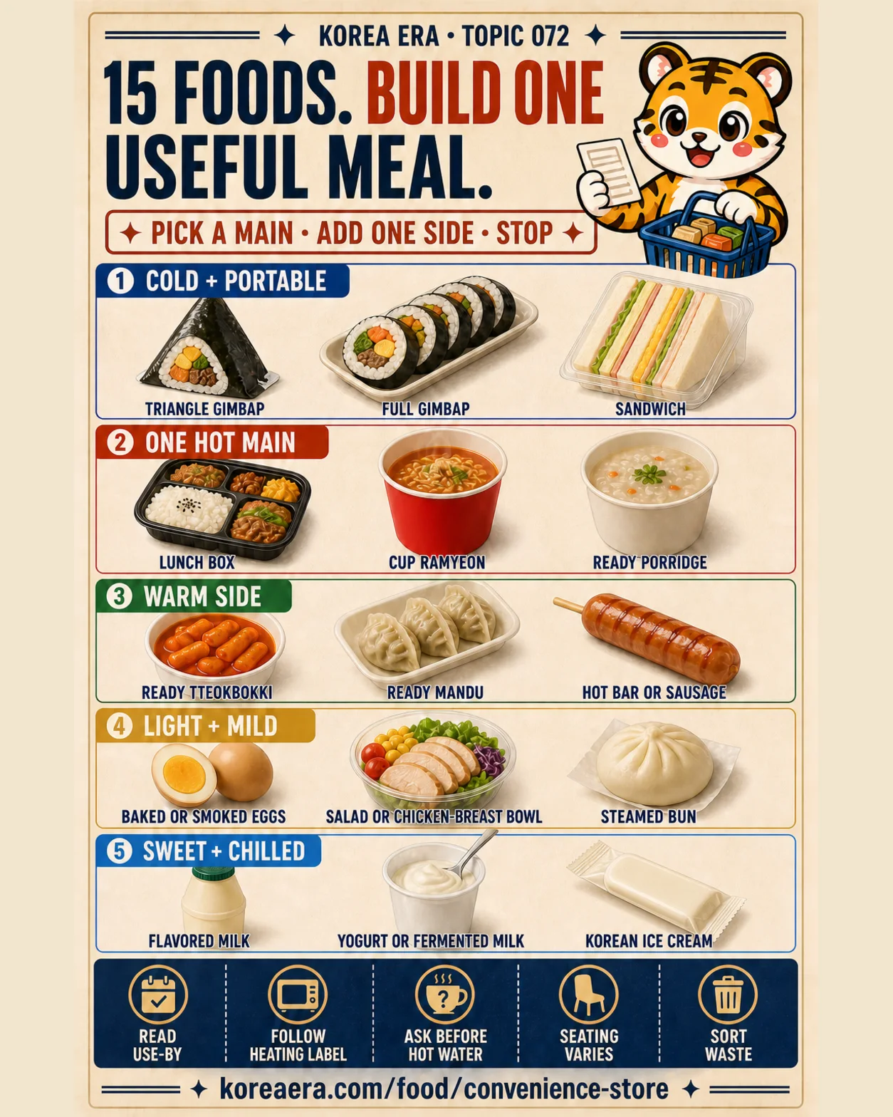 Korea Era tiger mascot beside fifteen convenience-store food types grouped into five one-meal choices