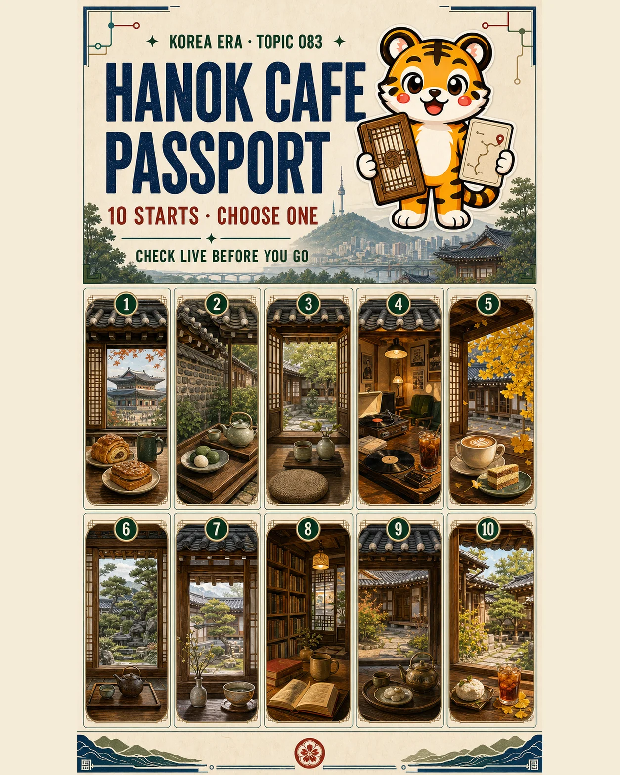 Korea Era Topic 083 poster with one tiger guide and ten numbered hanok window scenes representing alternative cafe starts across Korea