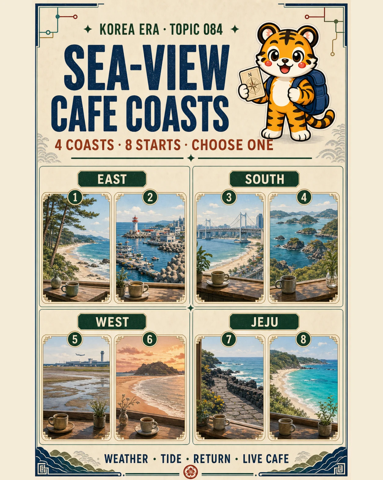 Korea Era Topic 084 poster with one tiger guide and eight numbered coastal windows grouped into East, South, West and Jeju choices
