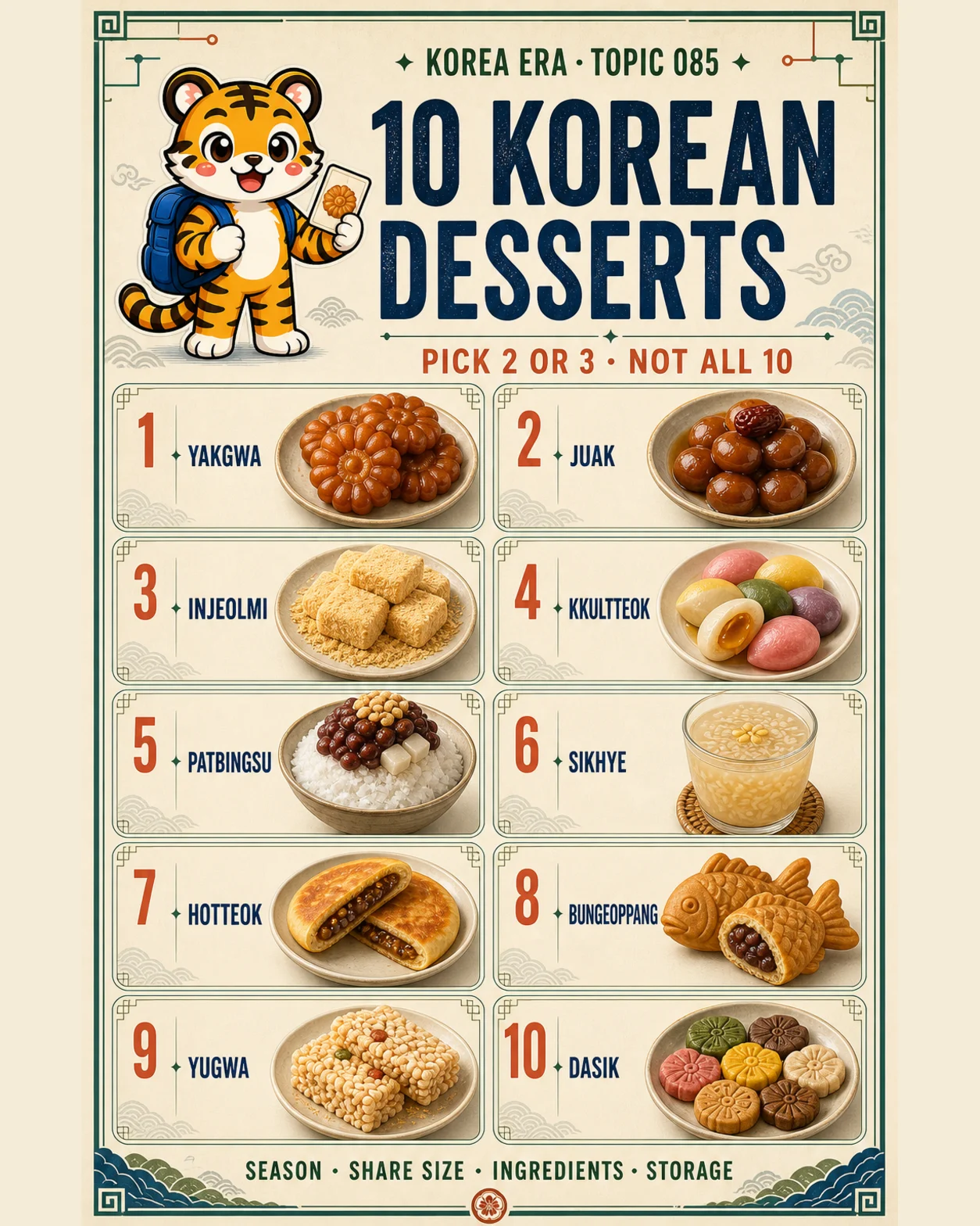 Korea Era Topic 085 poster with one tiger guide and ten numbered Korean desserts from yakgwa to dasik