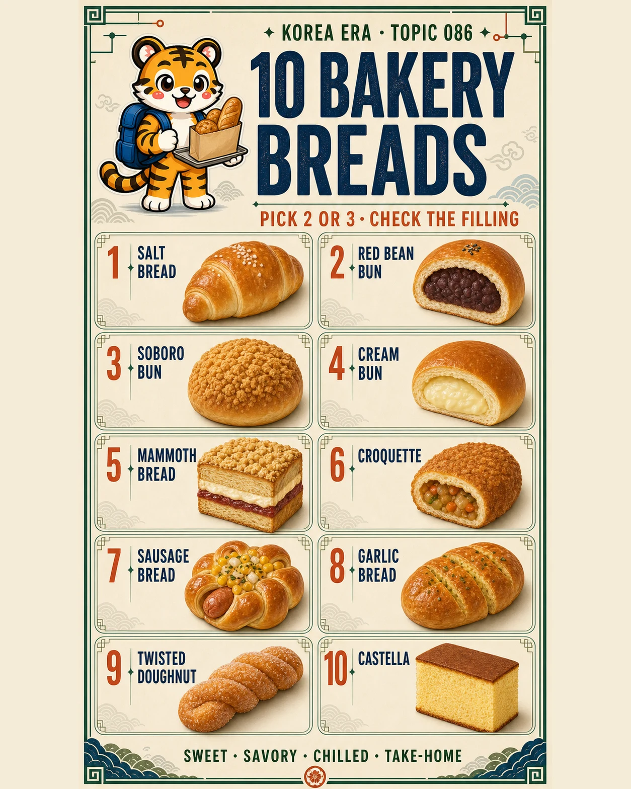 Korea Era Topic 086 poster with one tiger guide and ten numbered bakery breads from salt bread to castella