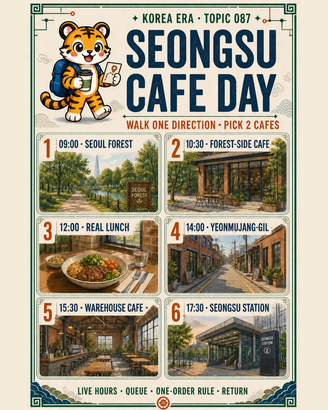Korea Era Topic 087 route poster with one tiger guide and six timed stops from Seoul Forest to Seongsu Station