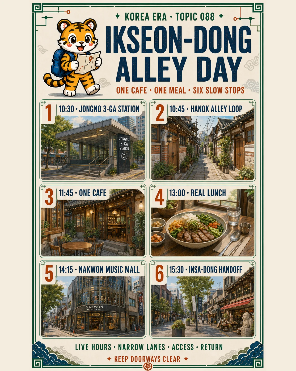 Korea Era Topic 088 poster with one tiger guide and six route cards from Jongno 3-ga Station through Ikseon-dong to Insa-dong