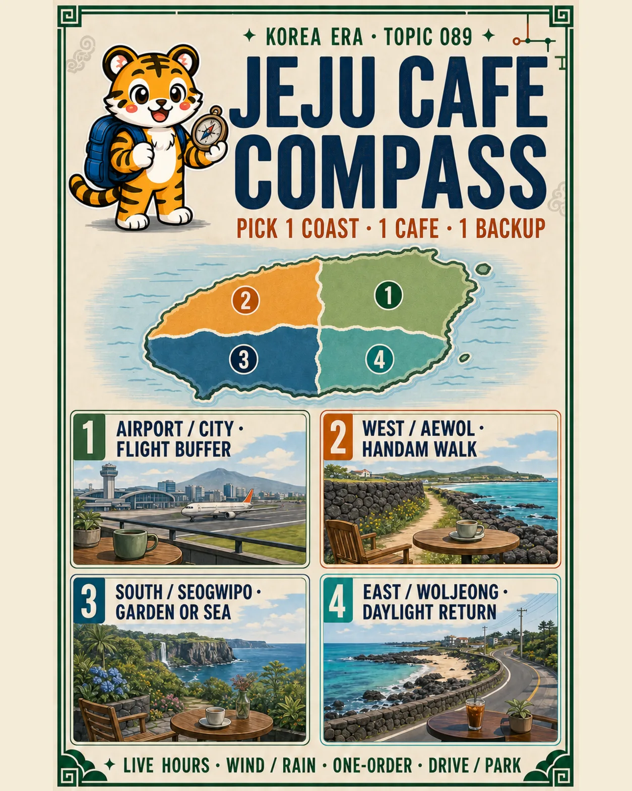 Korea Era Topic 089 poster with a tiger guide pointing to four Jeju cafe zones: Airport and City, West and Aewol, South and Seogwipo, and East and Woljeong