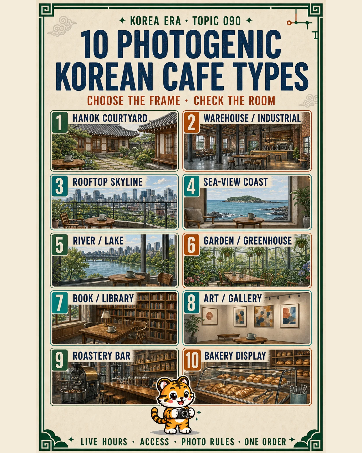 Korea Era Topic 090 poster with one tiger photographer and ten numbered cafe types from a hanok courtyard to a bakery display