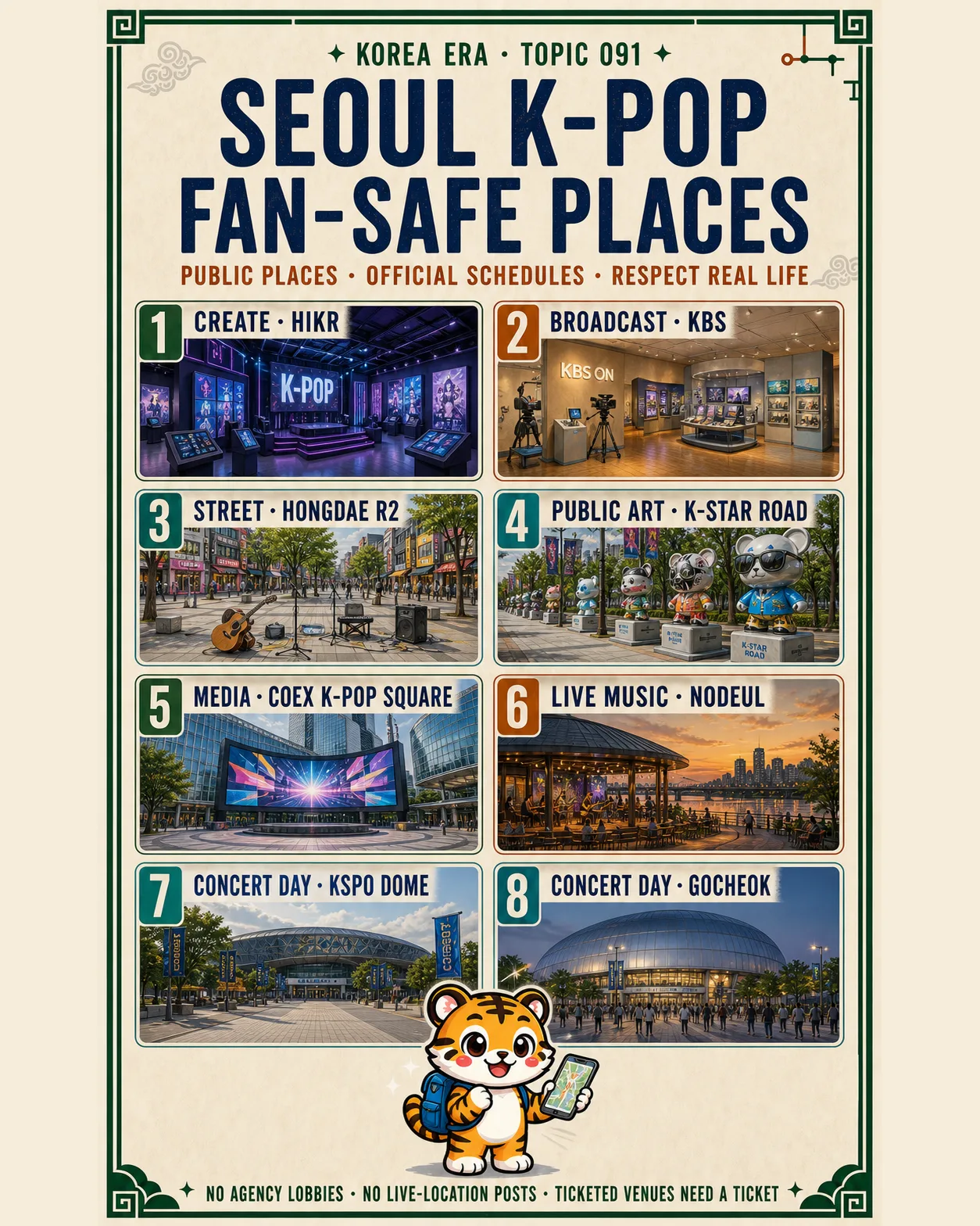 Korea Era Topic 091 poster with one tiger traveler and eight numbered public Seoul K-pop experiences