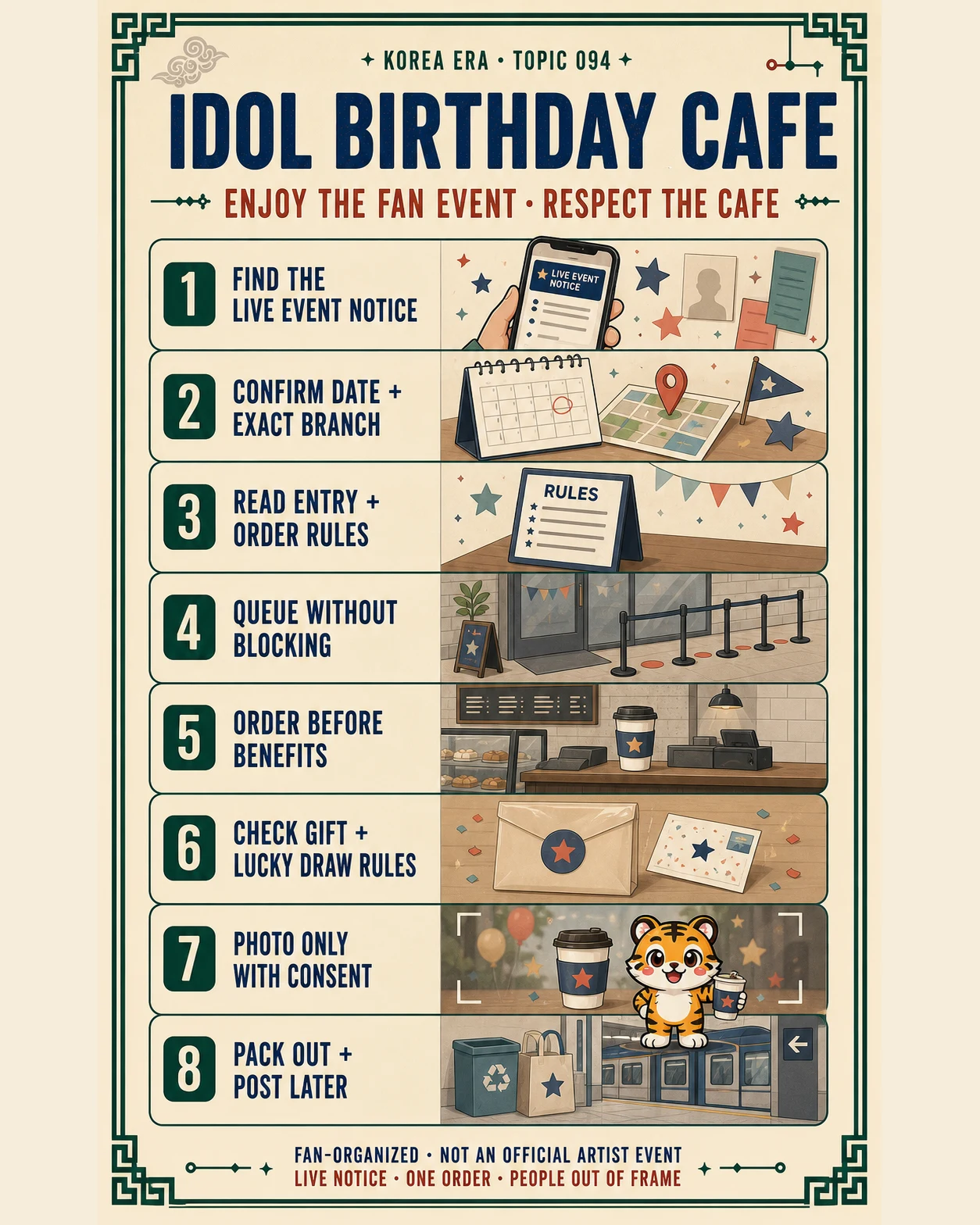 Korea Era Topic 094 poster with one tiger traveler and eight etiquette checks for an idol birthday cafe