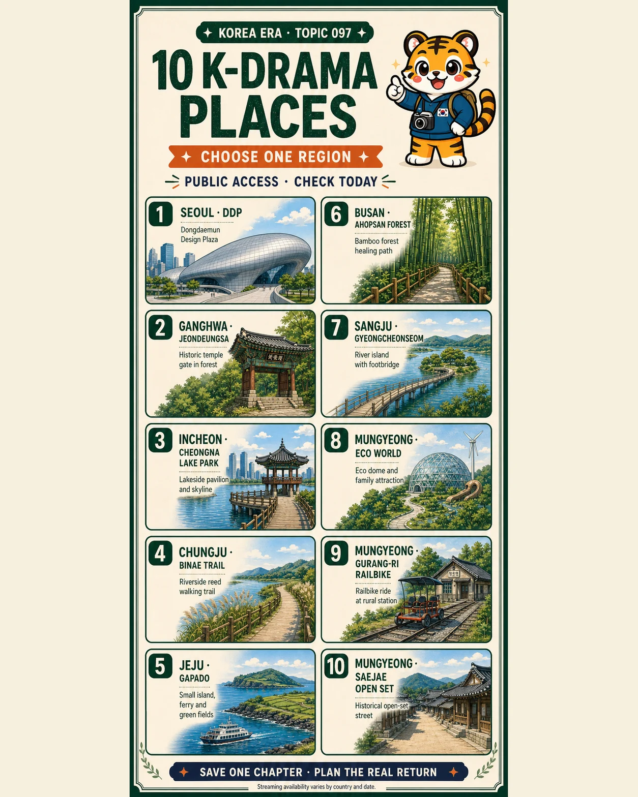 Original Korea Era field poster showing a tiger traveler choosing among ten stylized Korean drama filming-place landscapes
