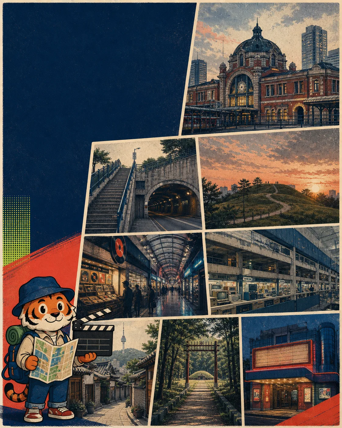 Original Korea Era contact-sheet poster with a tiger traveler, an old Seoul station hall, tunnel stairs, ecological hill, underground arcade, electronics complex, hanok lane, royal tomb path and neighborhood cinema