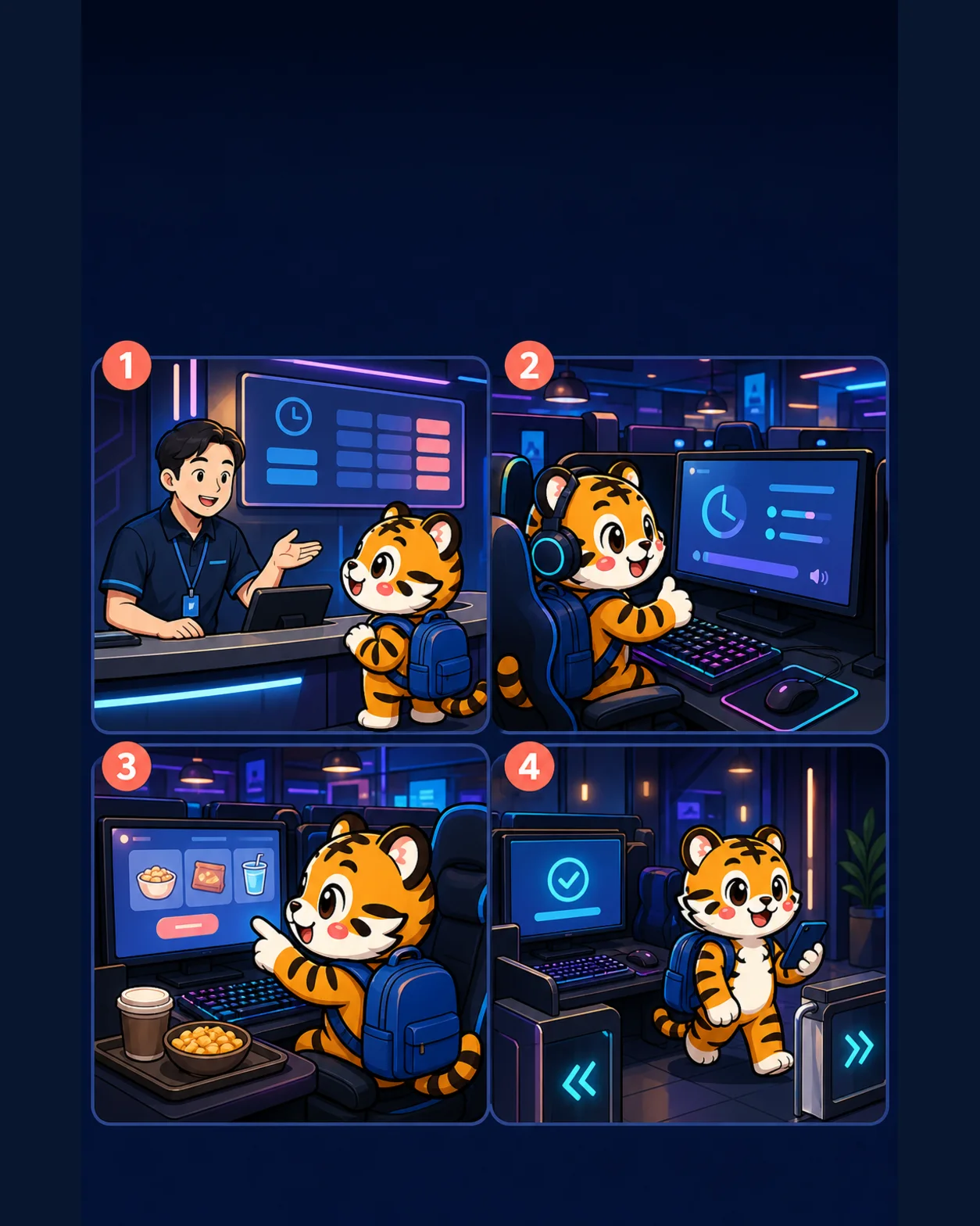 Korea Era tiger mascot asking for guest access, checking prepaid time, ordering a snack and signing out in a Korean PC bang