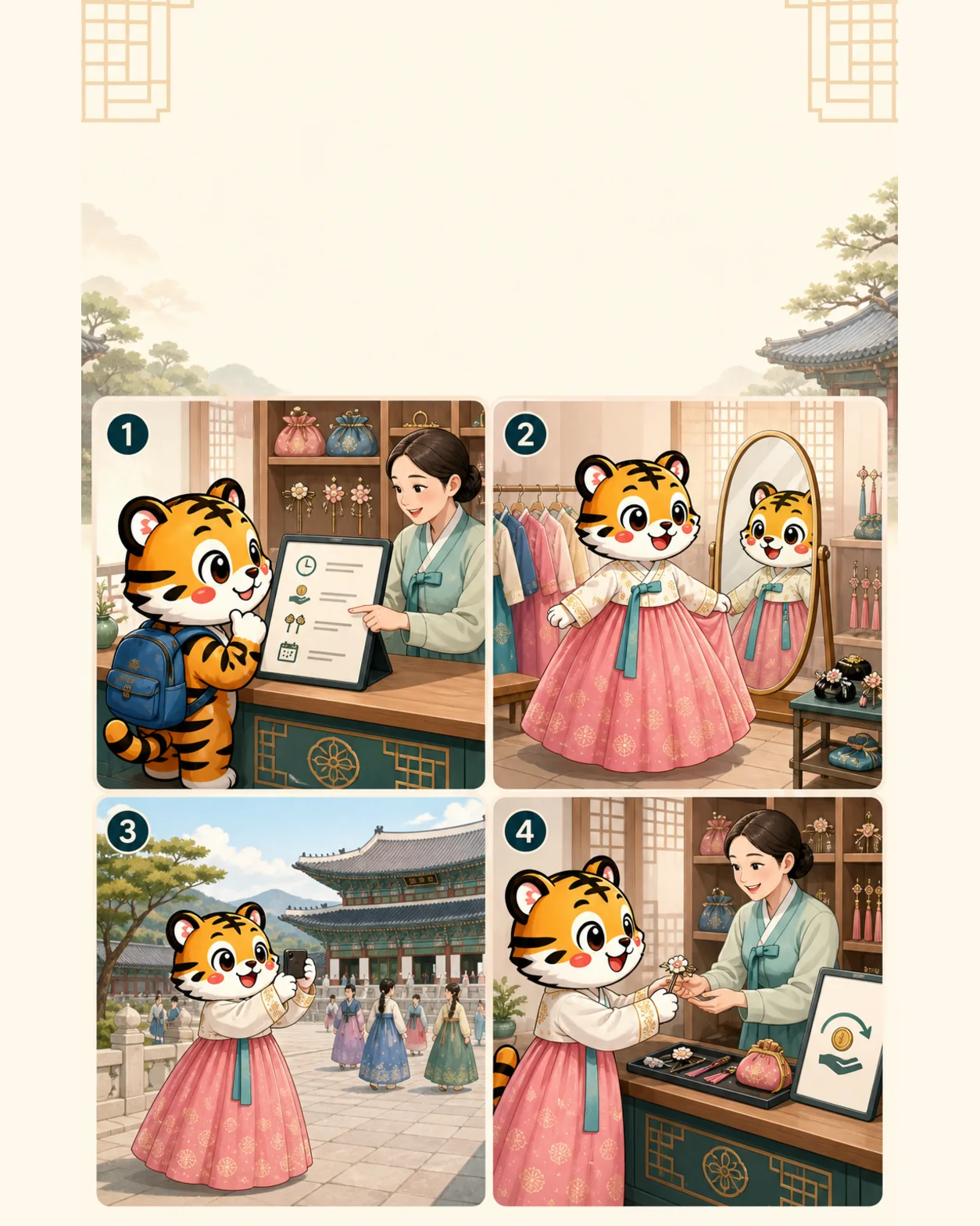 Korea Era tiger mascot checking hanbok rental terms, testing a complete outfit, visiting a palace and returning accessories