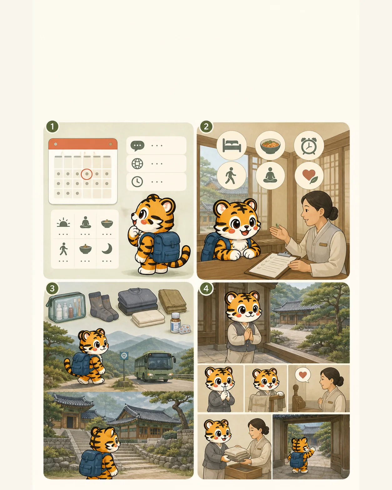 Korea Era tiger mascot choosing an official templestay, checking needs, packing for the last mile and following the quiet checkout routine