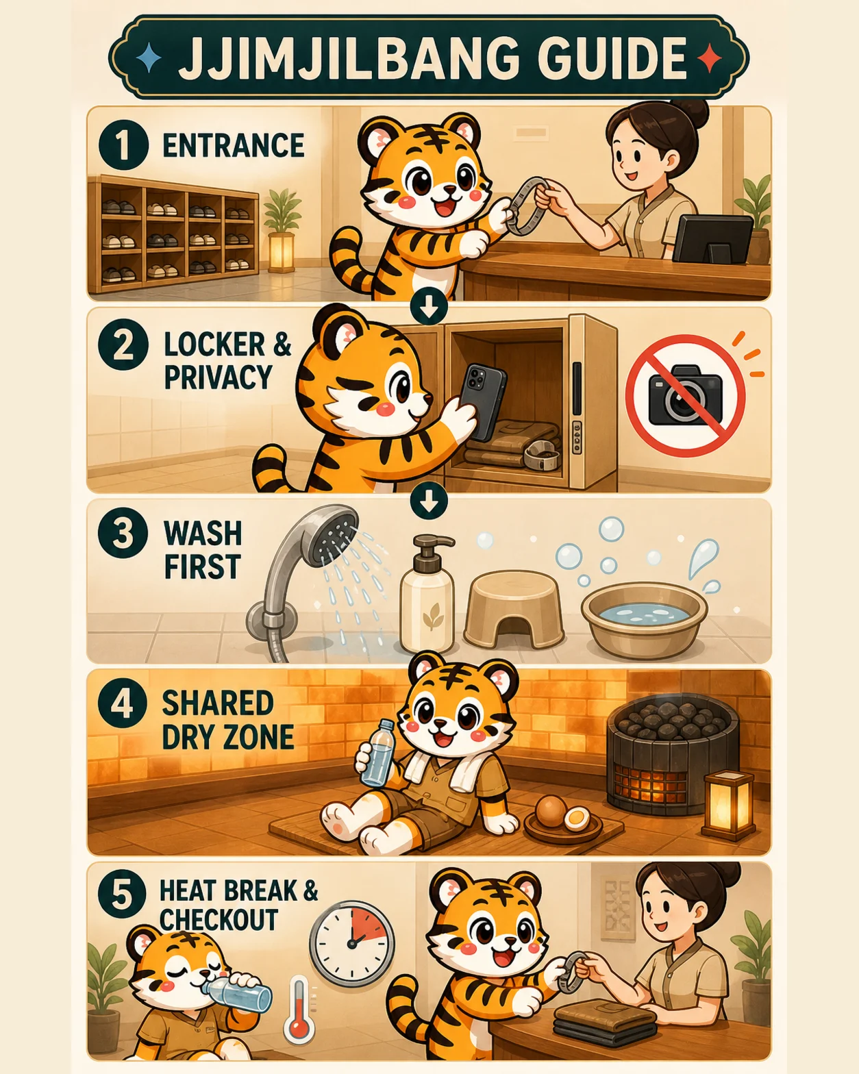 Korea Era tiger mascot follows five privacy-safe jjimjilbang steps from entrance and locker to washing first, taking a heat break and checking out