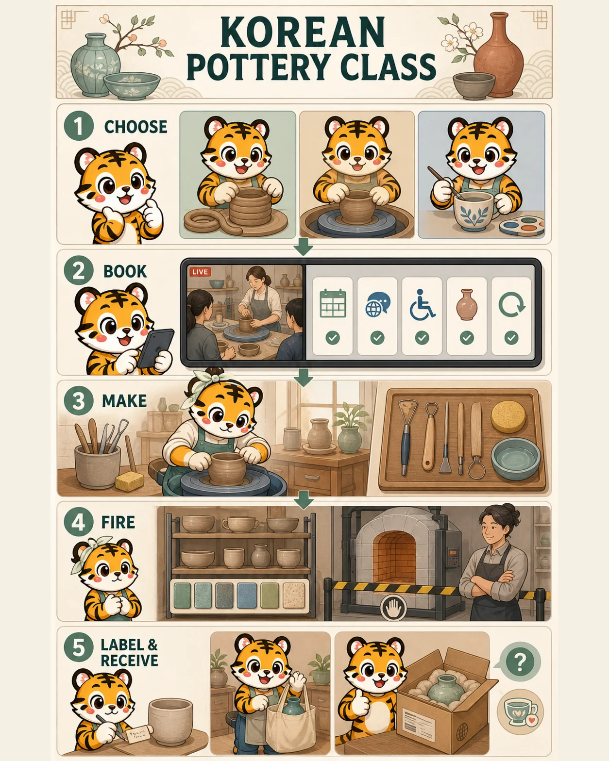Korea Era tiger mascot chooses a pottery method, checks booking terms, makes clay safely, waits for staff firing and labels the piece for pickup or shipping